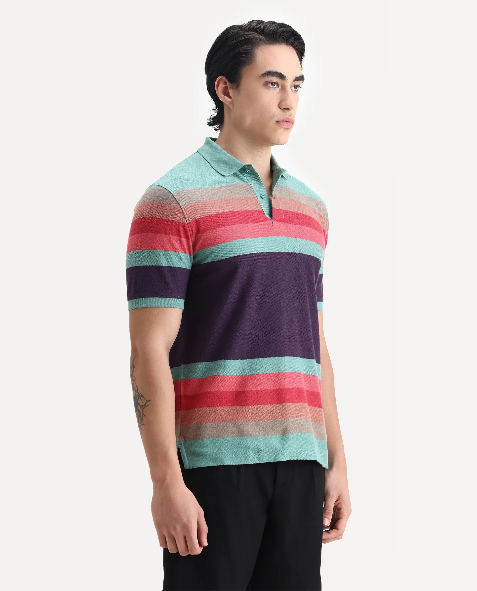 Rare Rabbit Men's Glasglow Green Cotton Striped Print Regular Fit Half Sleeve Polo