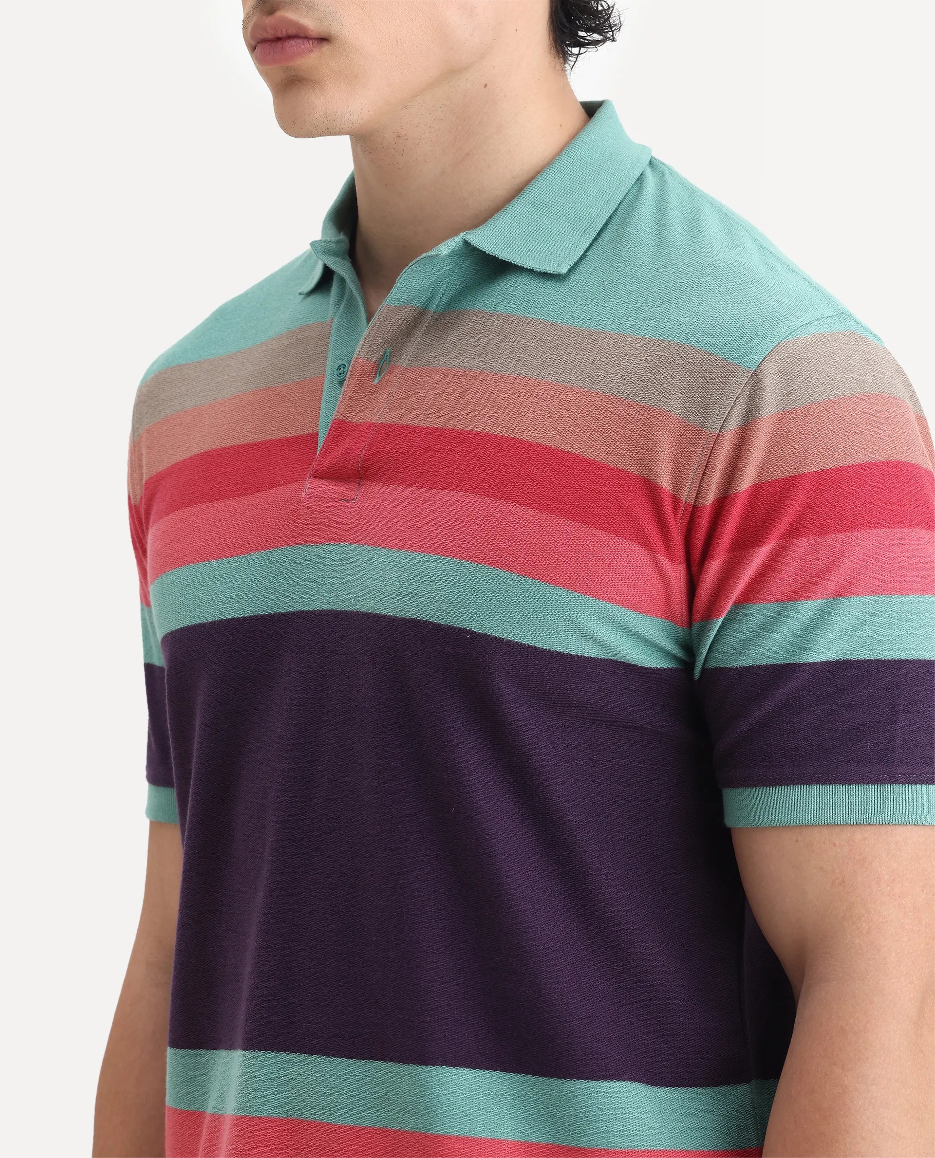 Rare Rabbit Men's Glasglow Green Cotton Striped Print Regular Fit Half Sleeve Polo