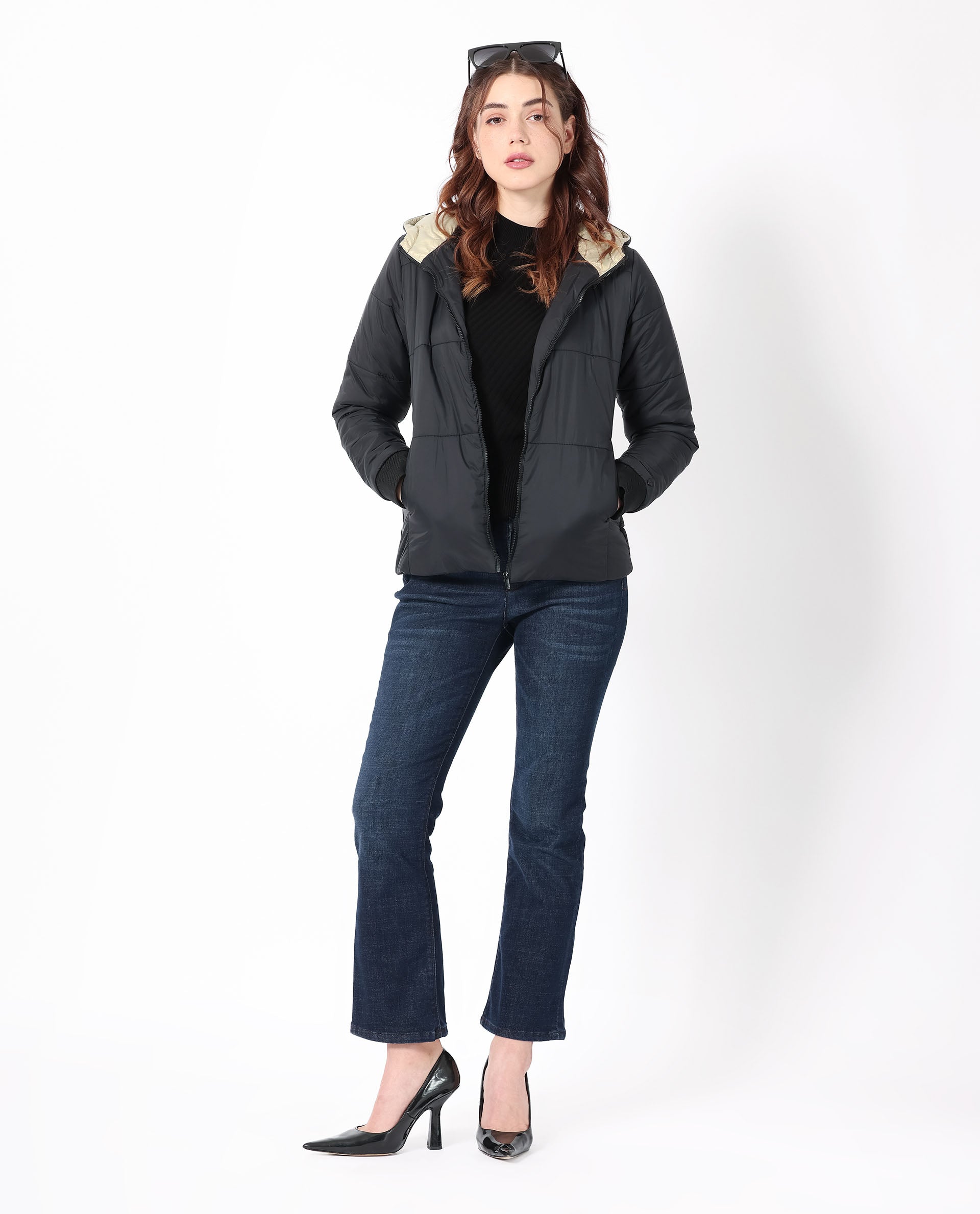 Rareism Women Glasha Hls Black Polyester Fabric Full Sleeves Solid Hooded Jacket