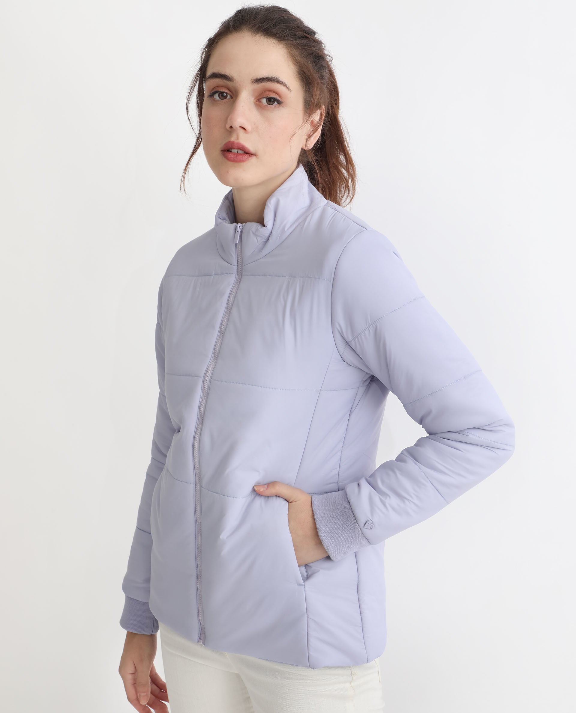 Rareism Women Glasha Ls Purple Polyester Fabric Full Sleeves Zip Closure High Neck Regular Fit Plain Jacket