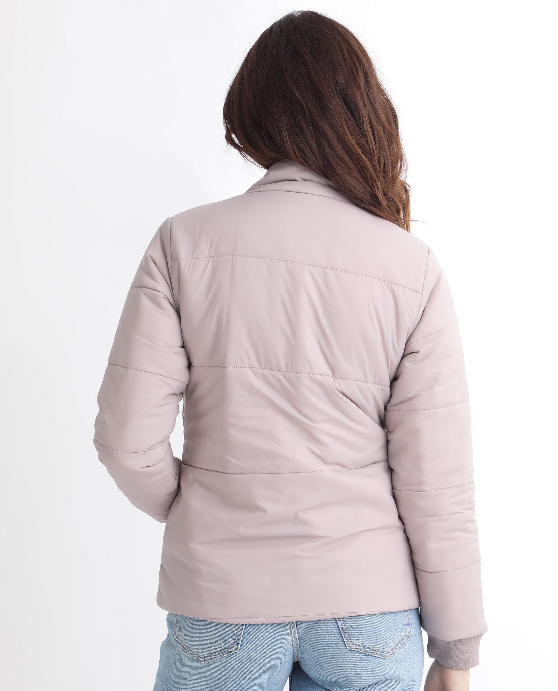 Rareism Women Glasha Ls Silver Polyester Fabric Full Sleeves Solid High Neck Jacket