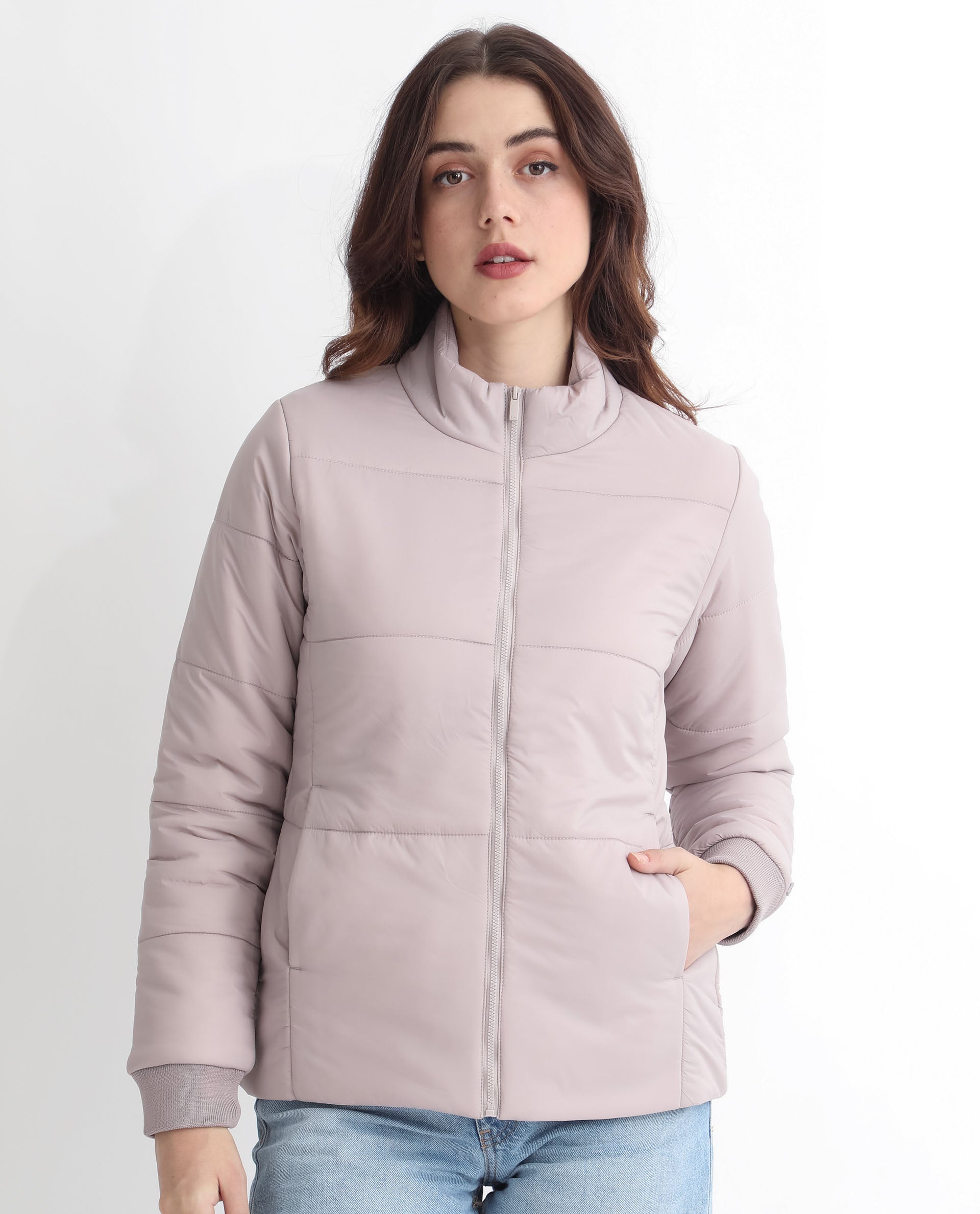 Rareism Women Glasha Ls Silver Polyester Fabric Full Sleeves Solid High Neck Jacket