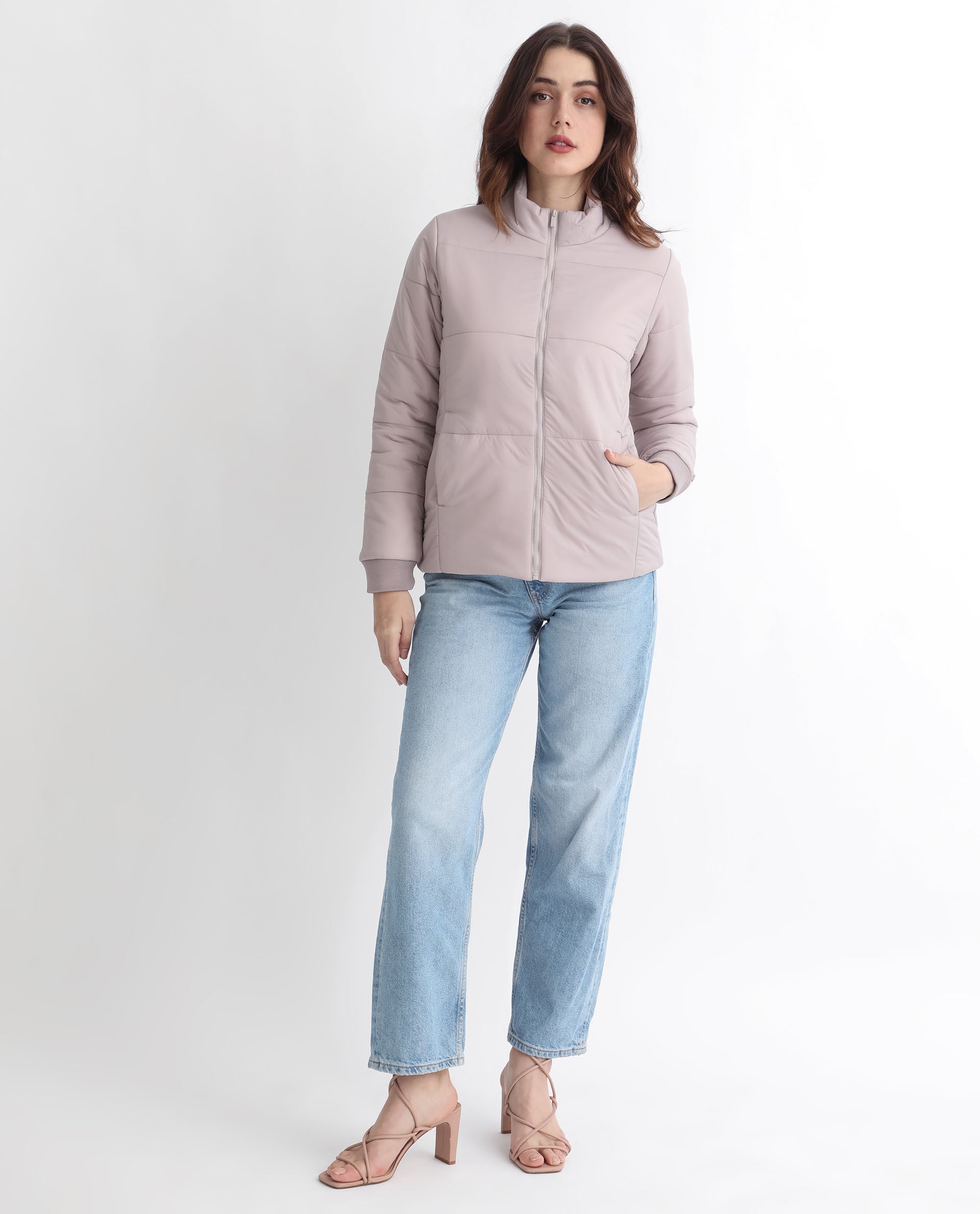 Rareism Women Glasha Ls Silver Polyester Fabric Full Sleeves Solid High Neck Jacket
