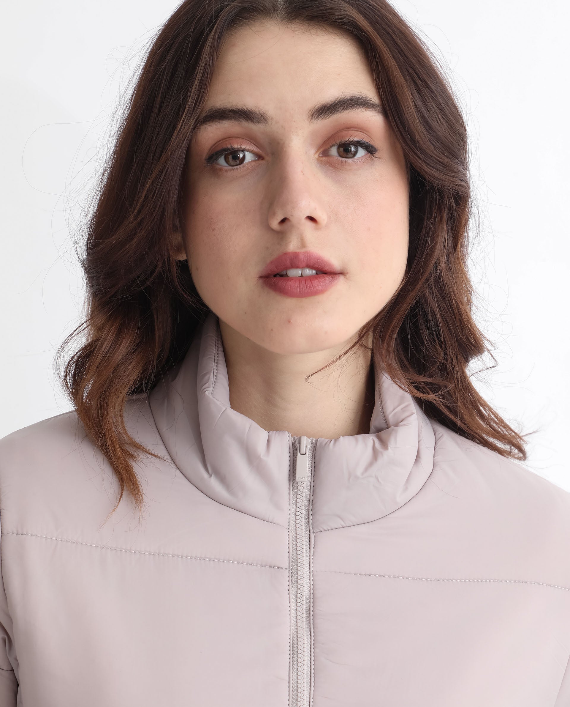 Rareism Women Glasha Ls Silver Polyester Fabric Full Sleeves Solid High Neck Jacket