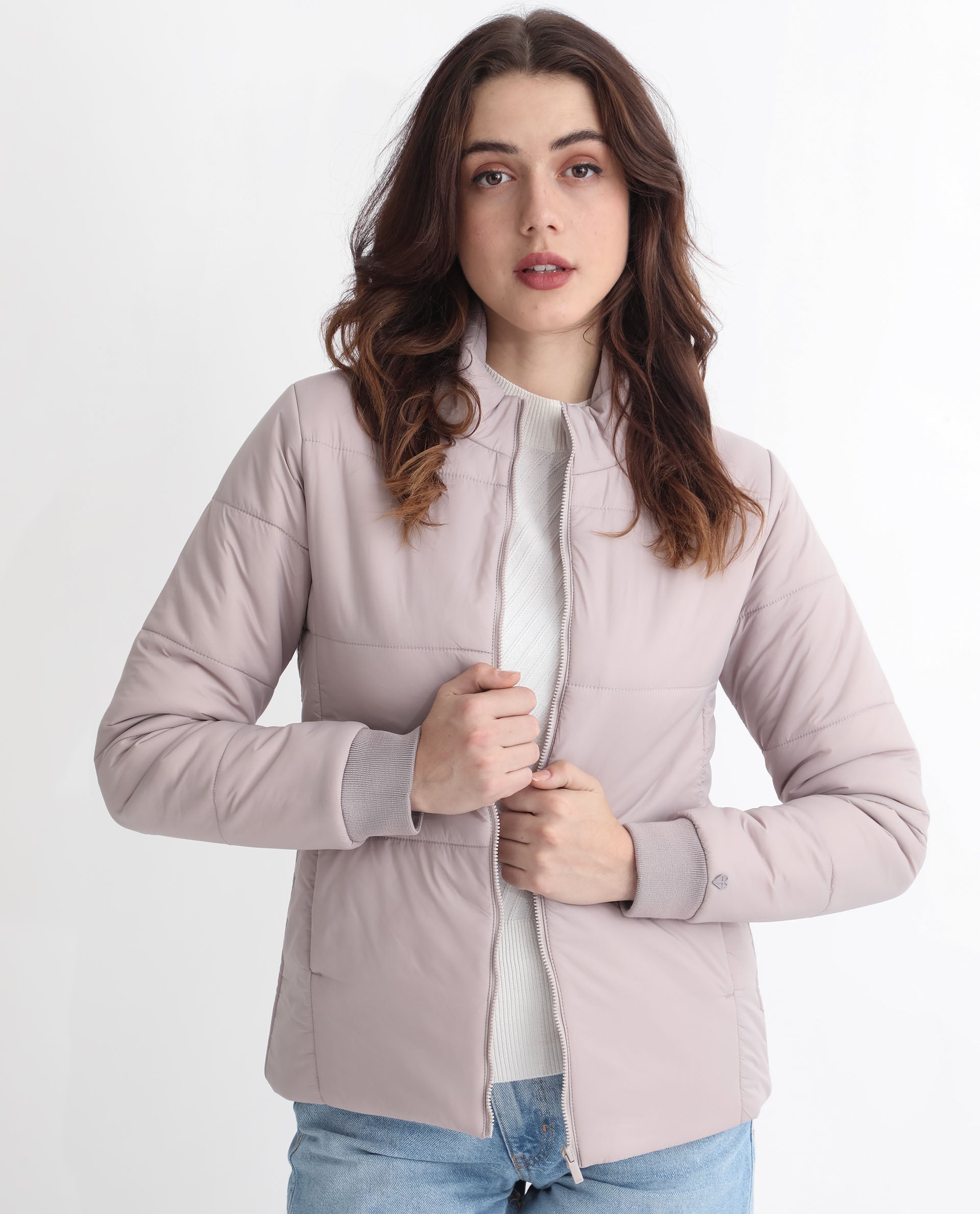 Rareism Women Glasha Ls Silver Polyester Fabric Full Sleeves Solid High Neck Jacket