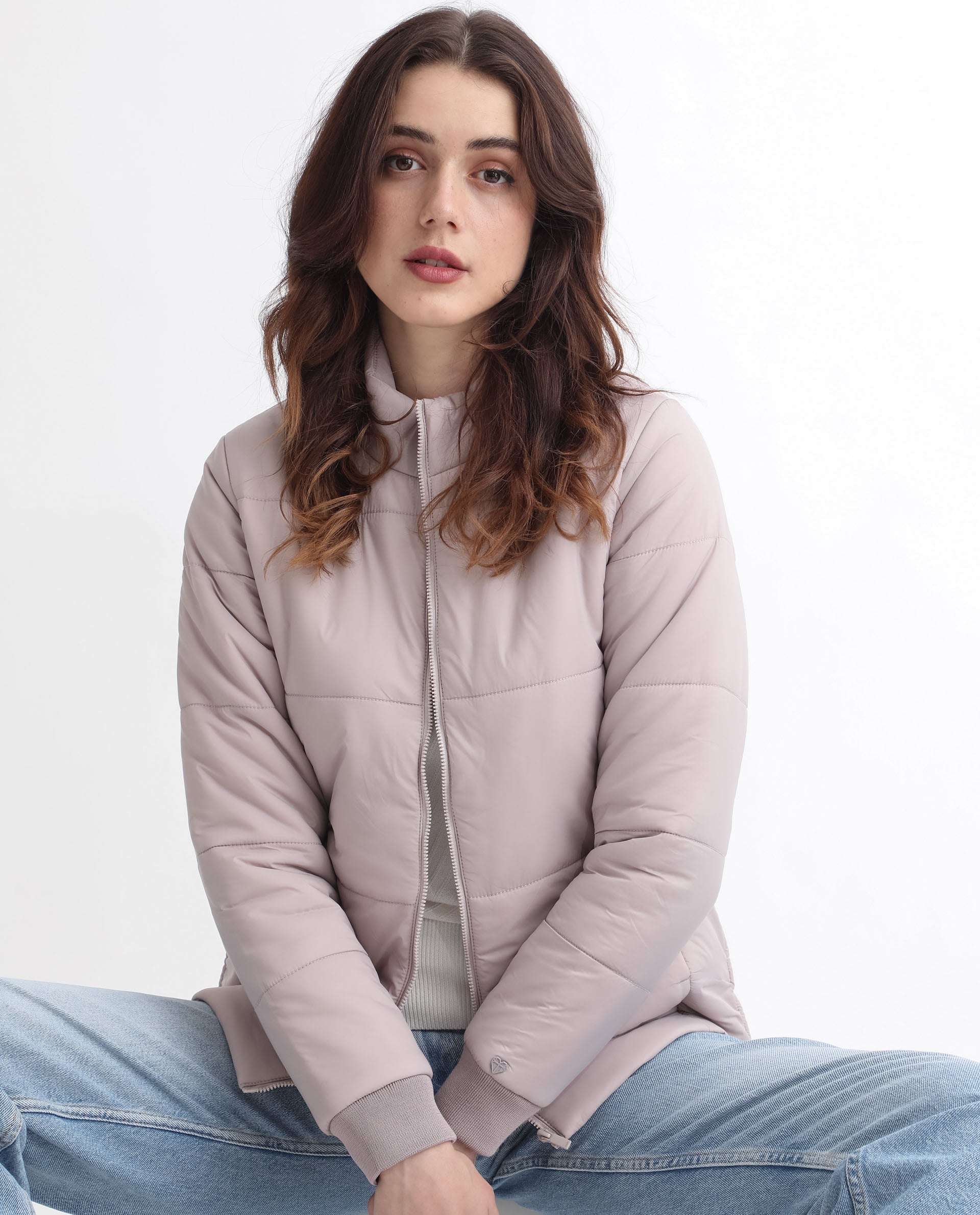 Rareism Women Glasha Ls Silver Polyester Fabric Full Sleeves Solid High Neck Jacket