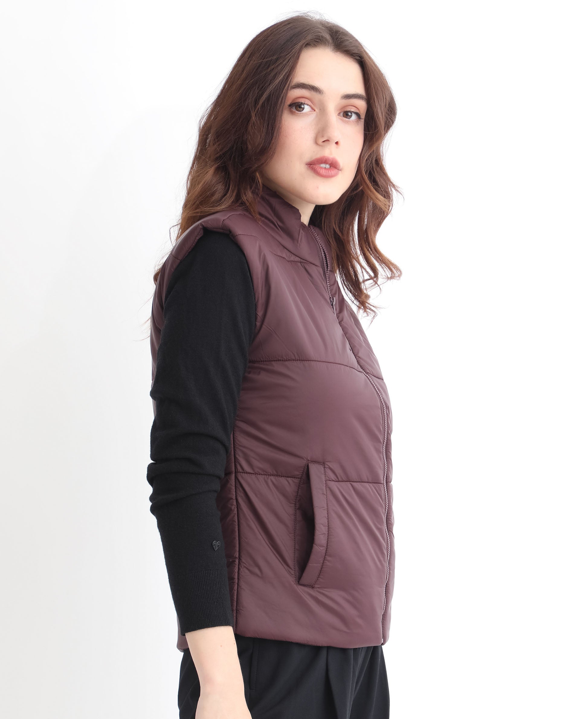 Rareism Women Glasha Sl Maroon Polyester Fabric Sleeveless Solid High Neck Jacket