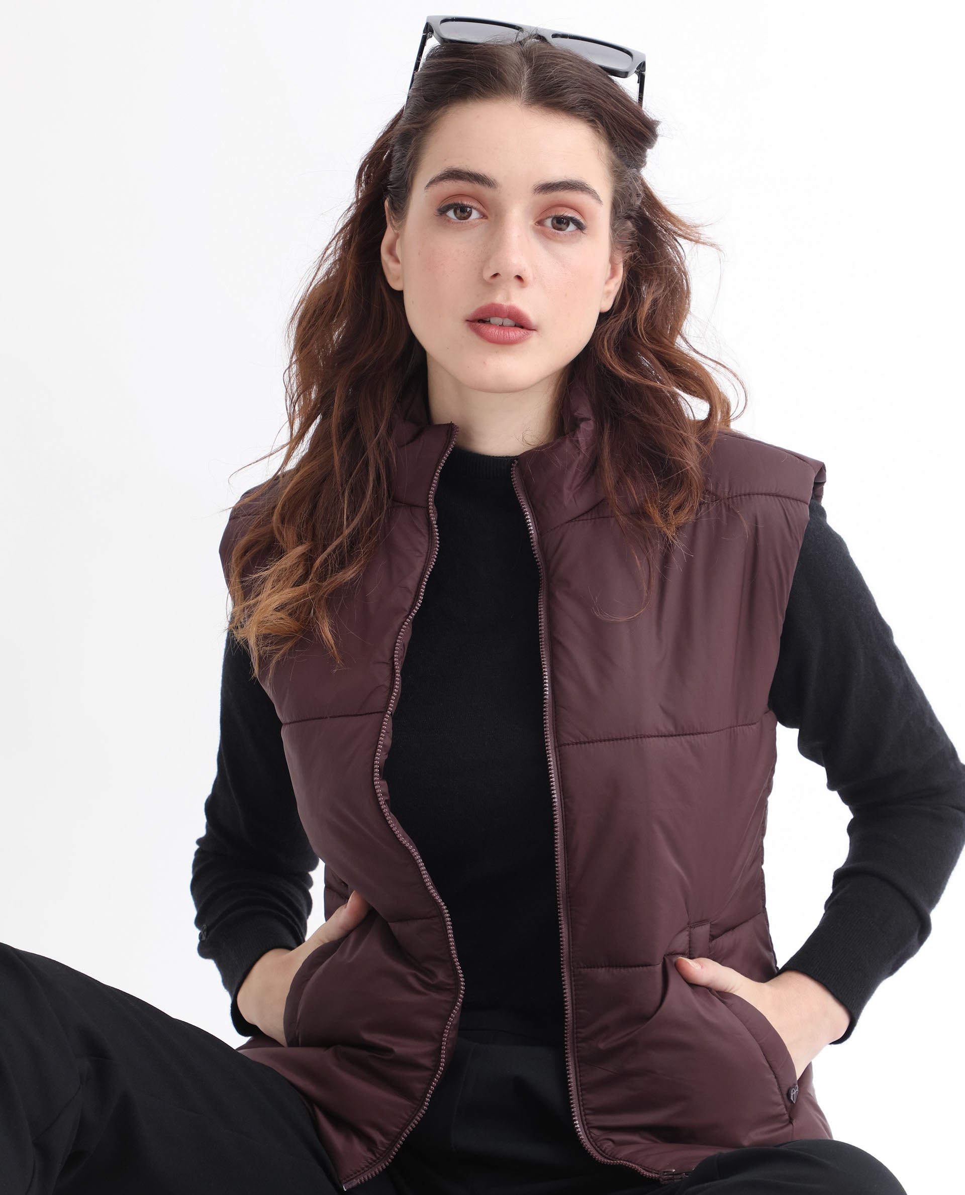 Rareism Women Glasha Sl Maroon Polyester Fabric Sleeveless Solid High Neck Jacket