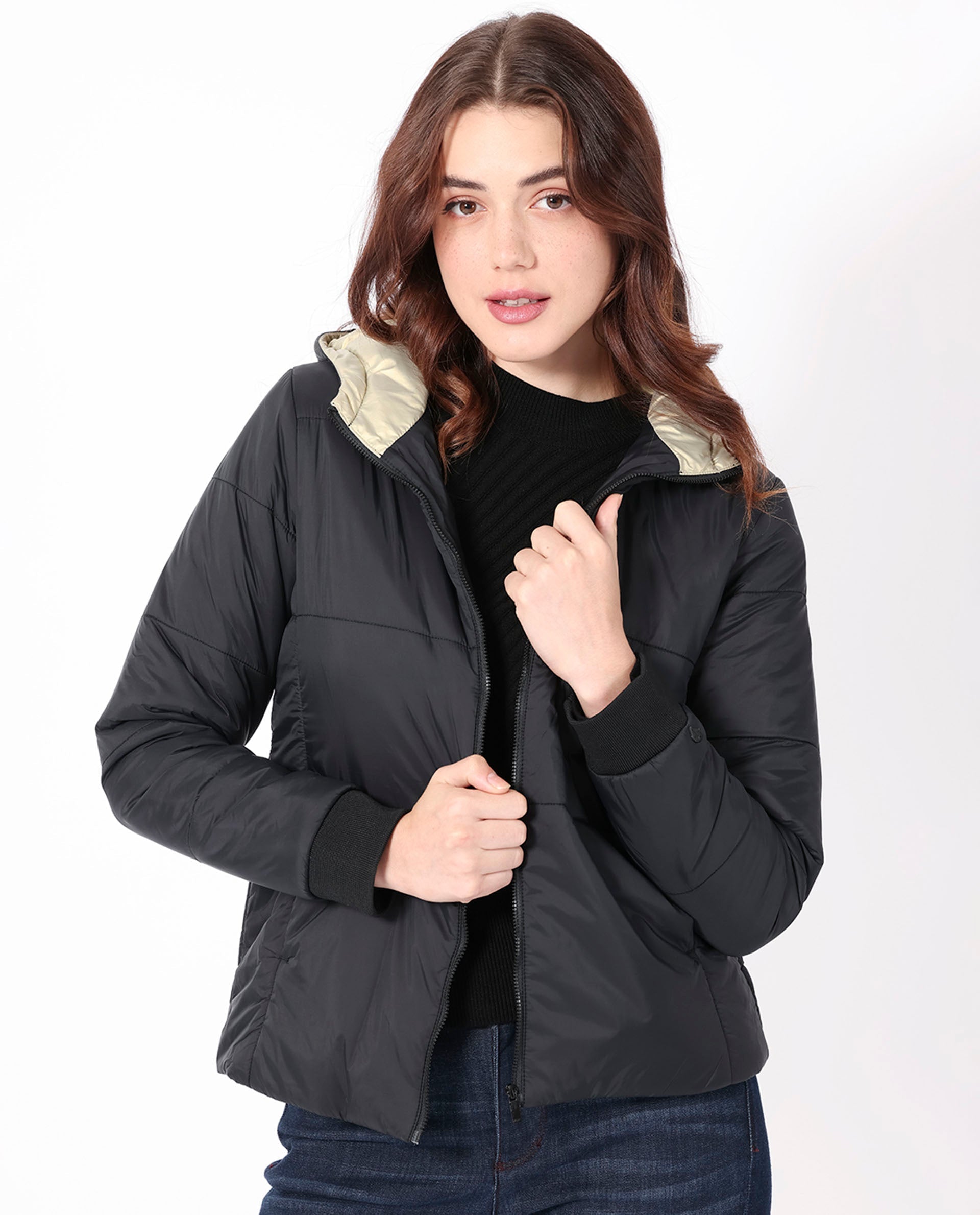 Rareism Women Glasha Hls Black Polyester Fabric Full Sleeves Solid Hooded Jacket