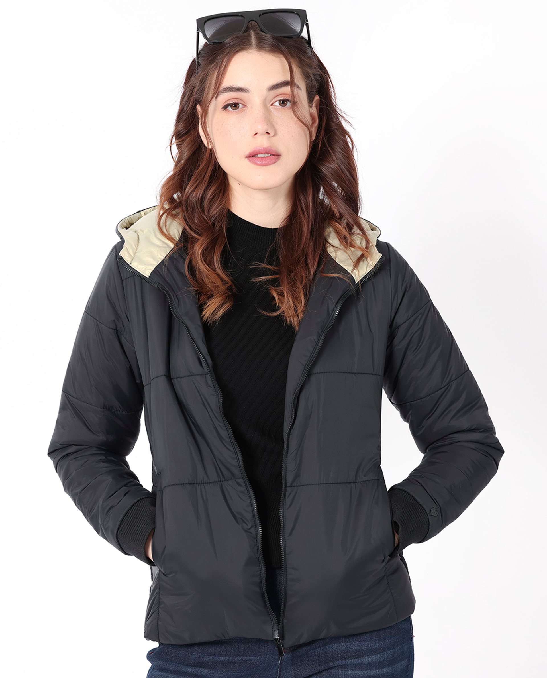 Rareism Women Glasha Hls Black Polyester Fabric Full Sleeves Solid Hooded Jacket
