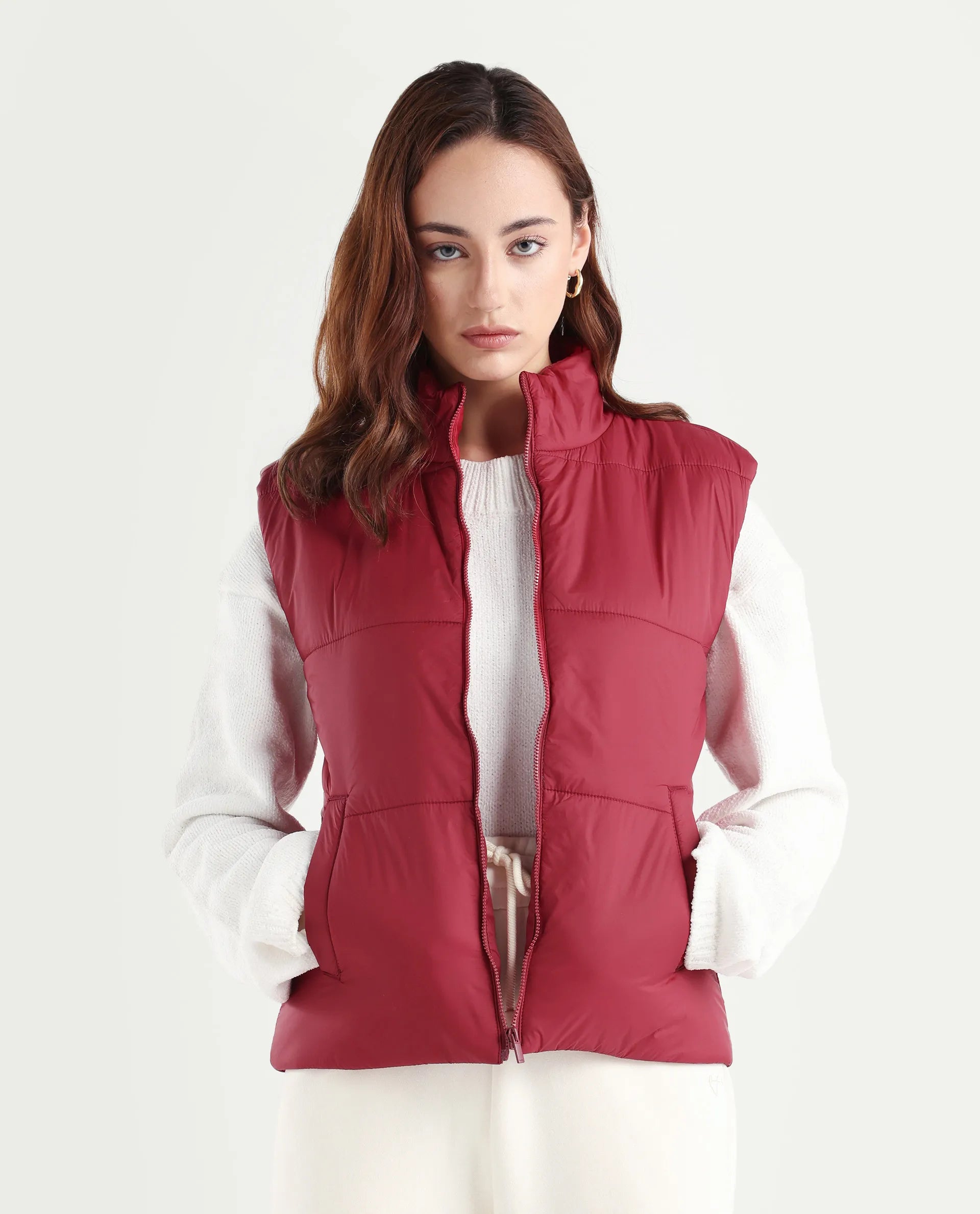 Rareism Women's Glasha Sl Red Polyester High Neck Plain Sleeveless Regular Fit Jacket