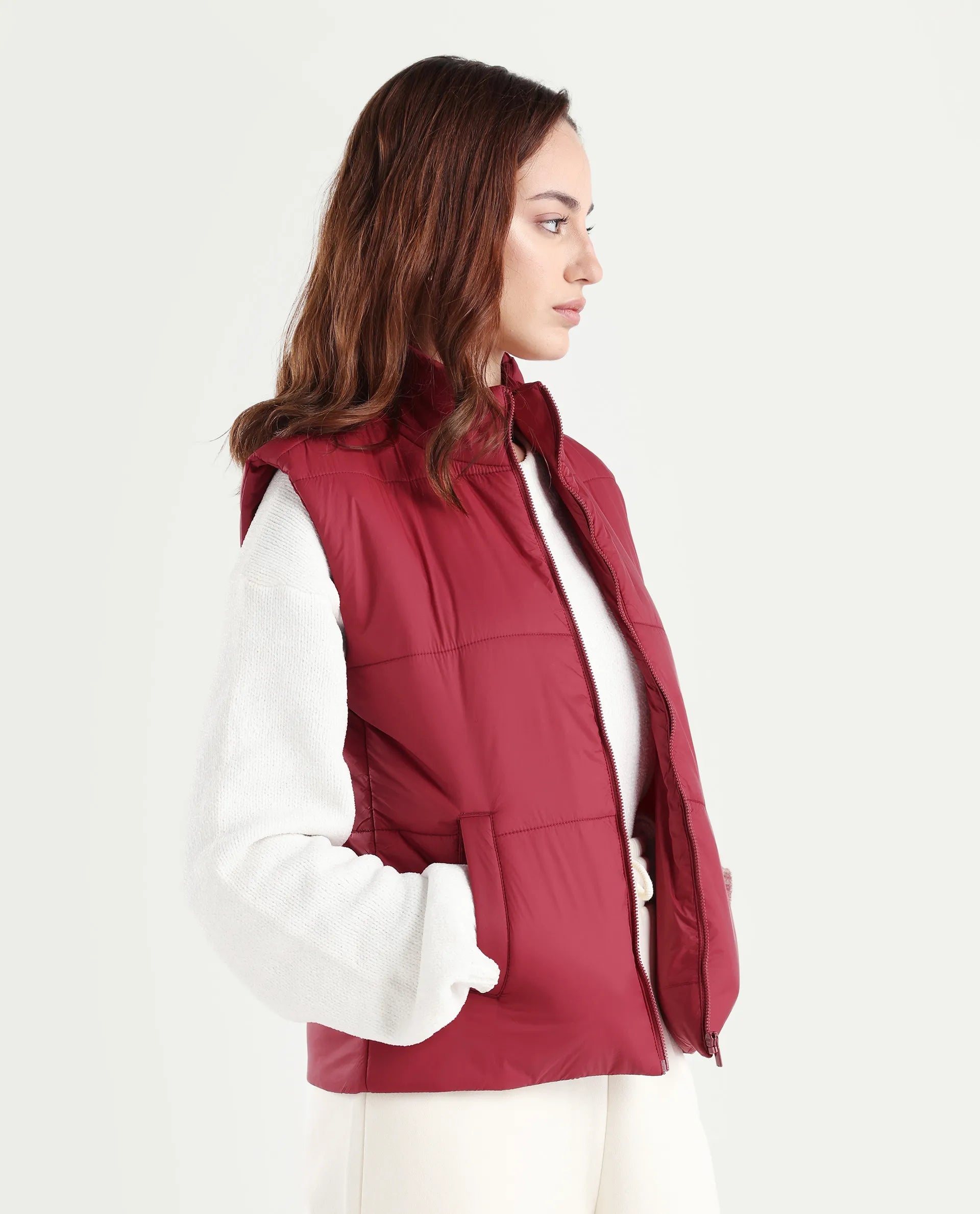 Rareism Women's Glasha Sl Red Polyester High Neck Plain Sleeveless Regular Fit Jacket