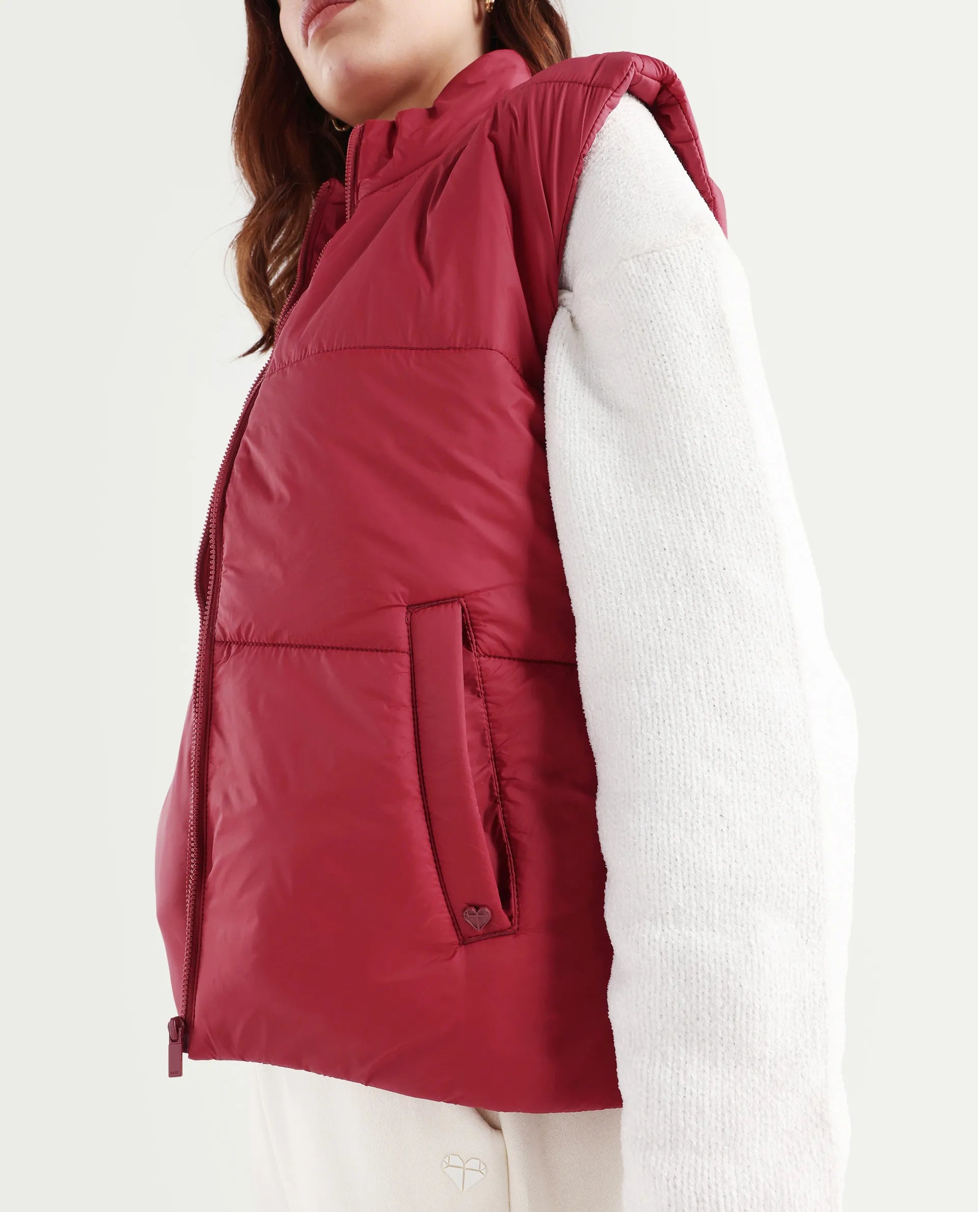 Rareism Women's Glasha Sl Red Polyester High Neck Plain Sleeveless Regular Fit Jacket