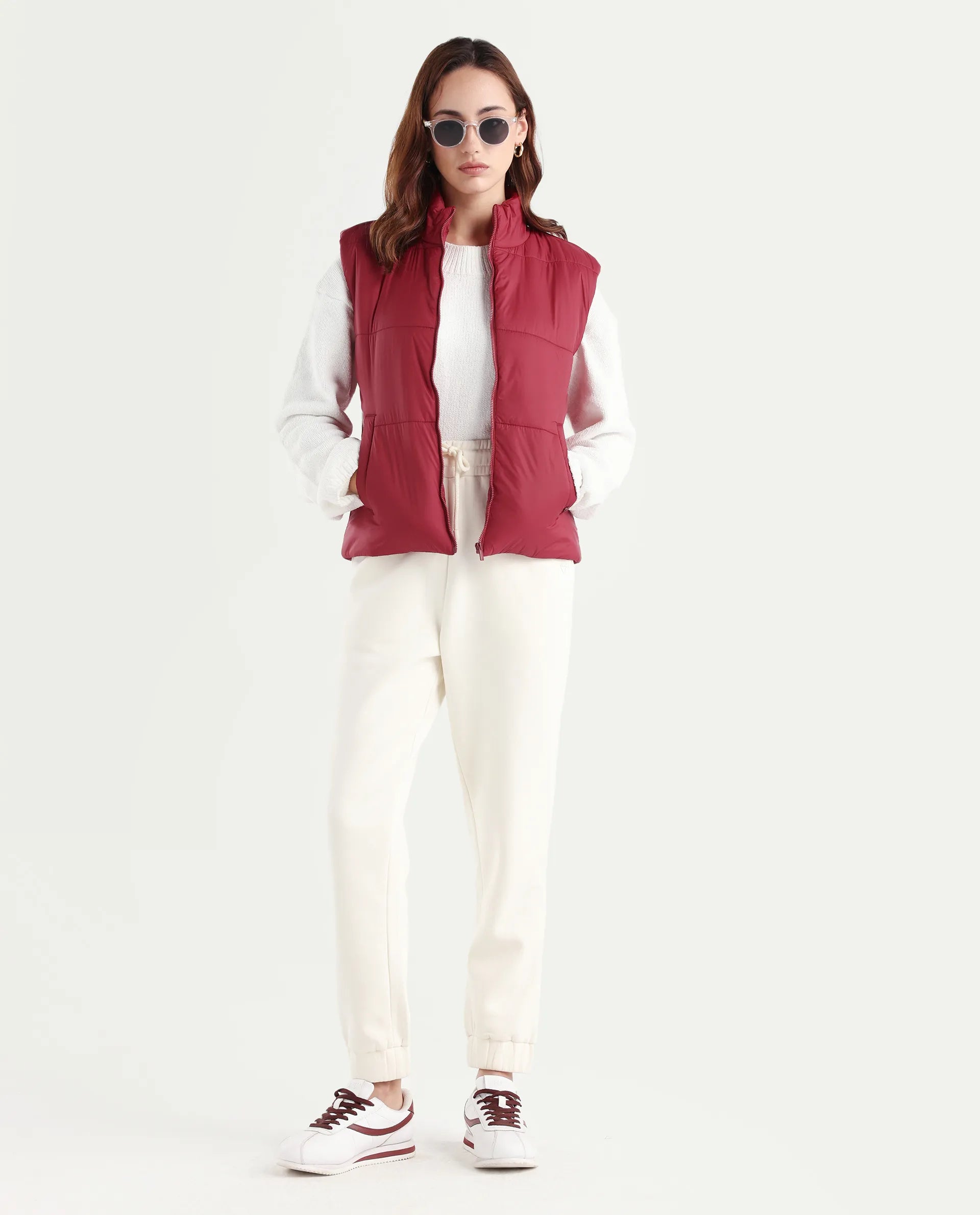 Rareism Women's Glasha Sl Red Polyester High Neck Plain Sleeveless Regular Fit Jacket