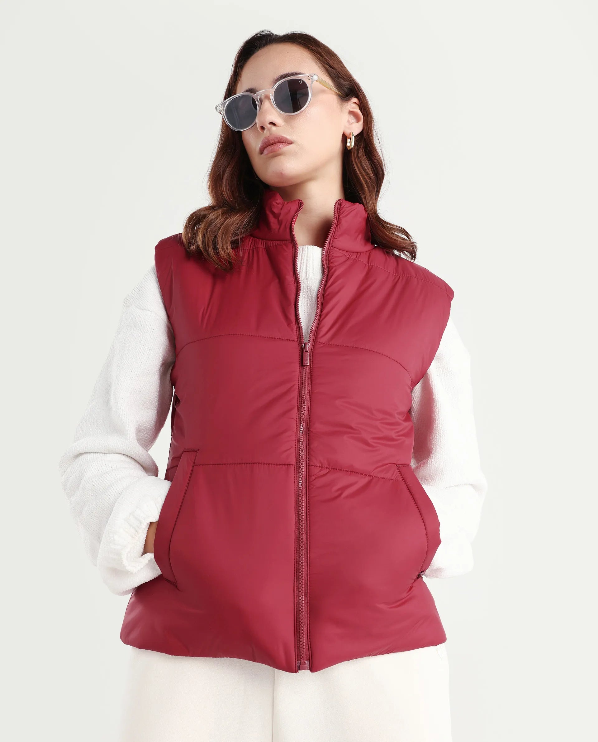 Rareism Women's Glasha Sl Red Polyester High Neck Plain Sleeveless Regular Fit Jacket