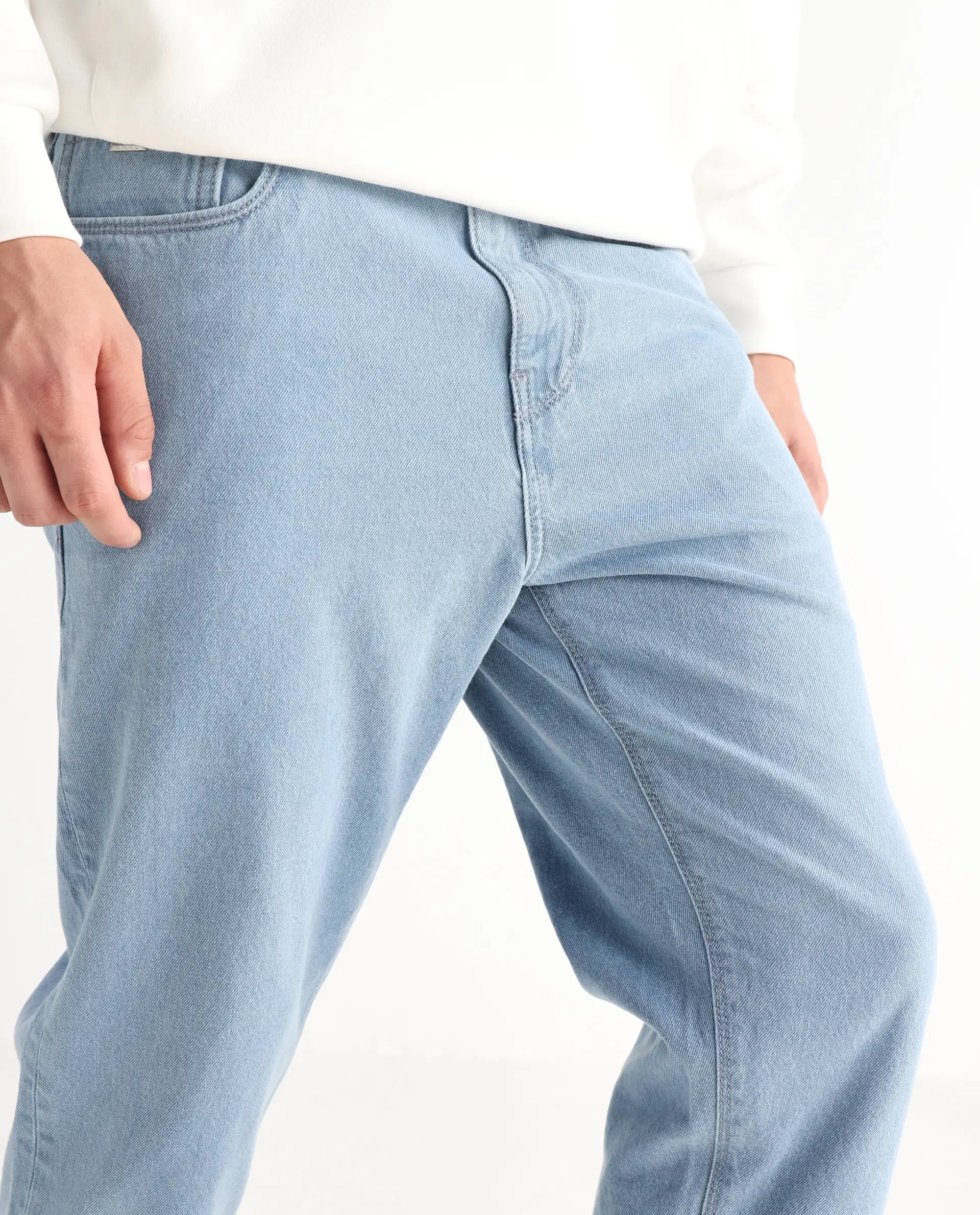 Rare Rabbit Men's Gleb Light Blue Cotton Plain Kurt Carrot Fit Jeans