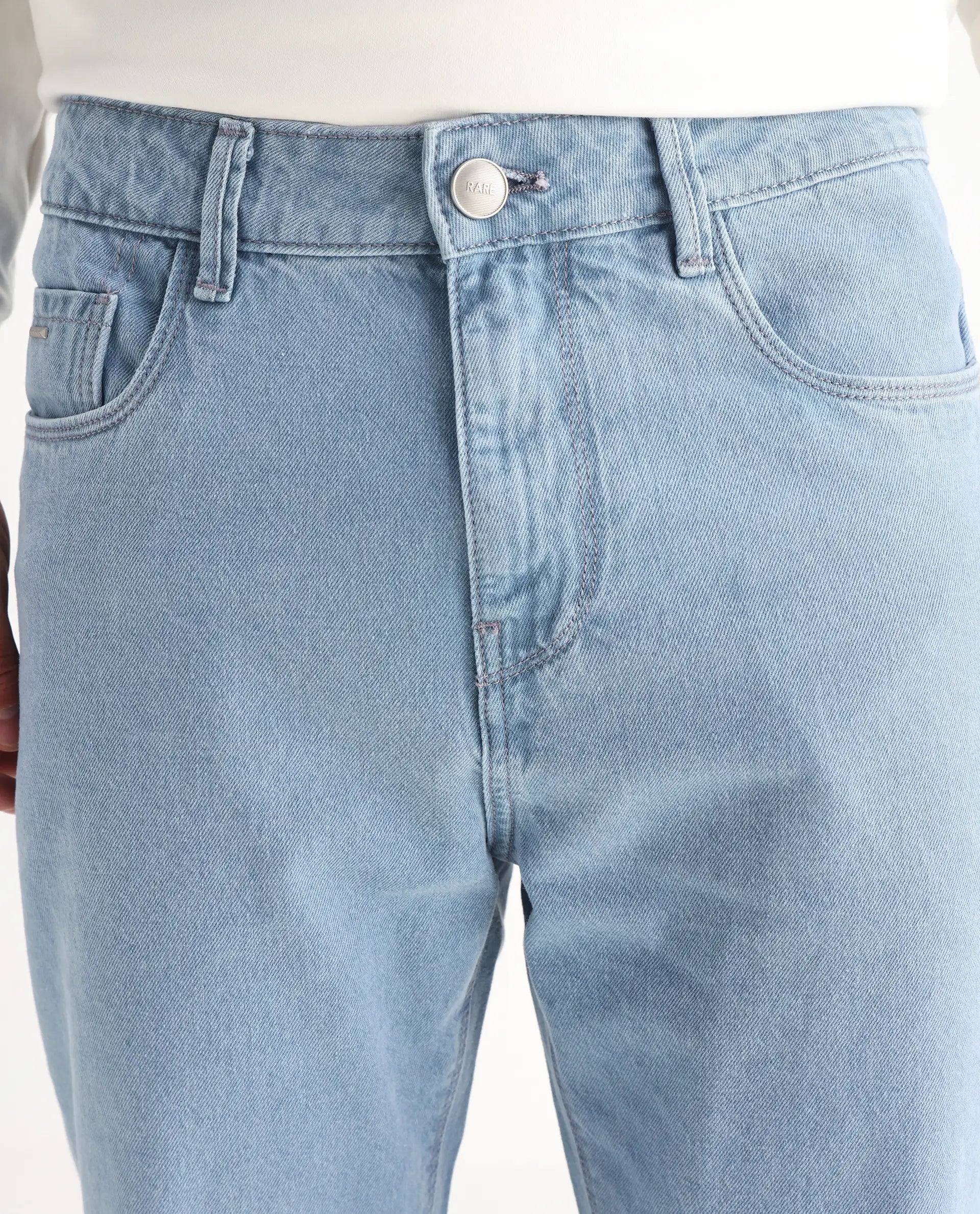 Rare Rabbit Men's Gleb Light Blue Cotton Plain Kurt Carrot Fit Jeans