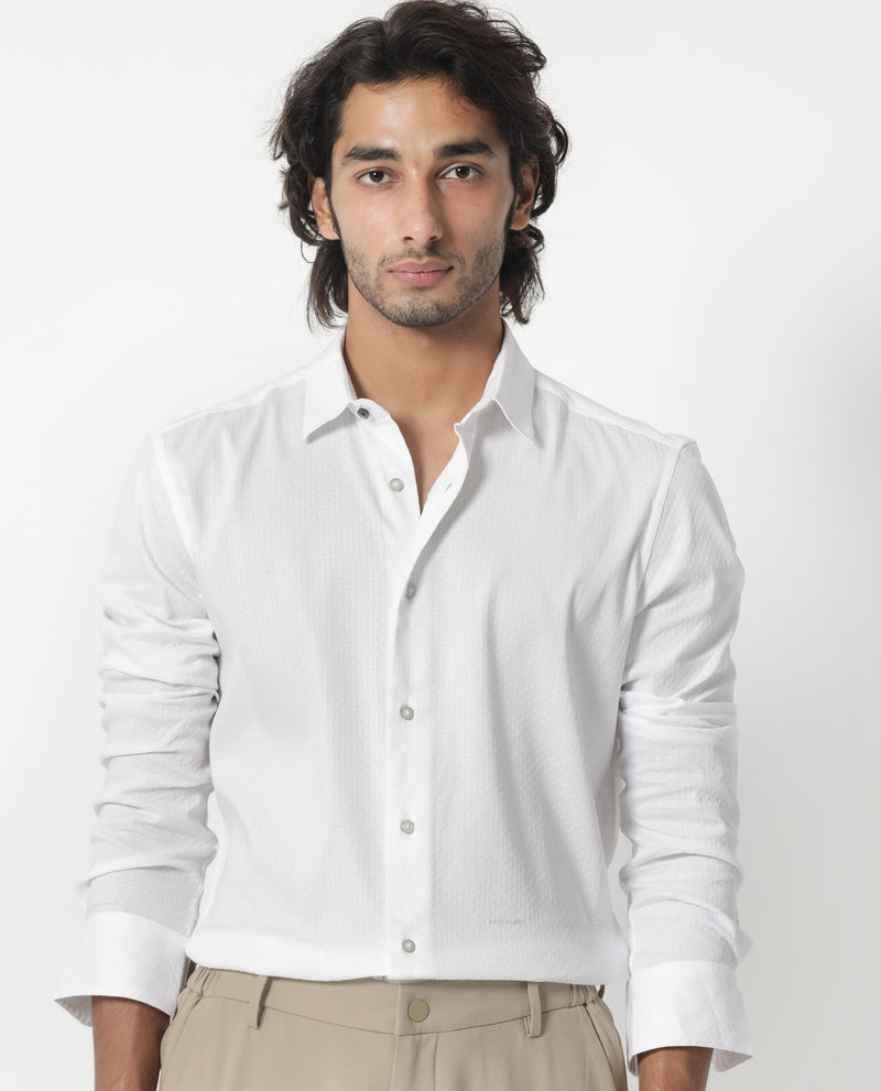 RARE RABBIT MENS GLENY WHITE SHIRT COTTON POLYESTER SPANDEX FABRIC COLLARED NECK FULL SLEEVES BUTTON CLOSURE REGULAR FIT
