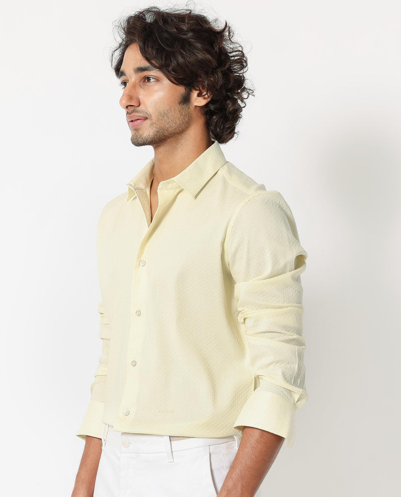 RARE RABBIT MENS GLENY YELLOW SHIRT COTTON POLYESTER SPANDEX FABRIC COLLARED NECK FULL SLEEVES BUTTON CLOSURE REGULAR FIT