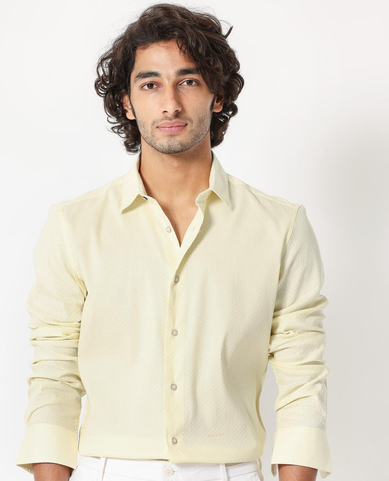 RARE RABBIT MENS GLENY YELLOW SHIRT COTTON POLYESTER SPANDEX FABRIC COLLARED NECK FULL SLEEVES BUTTON CLOSURE REGULAR FIT