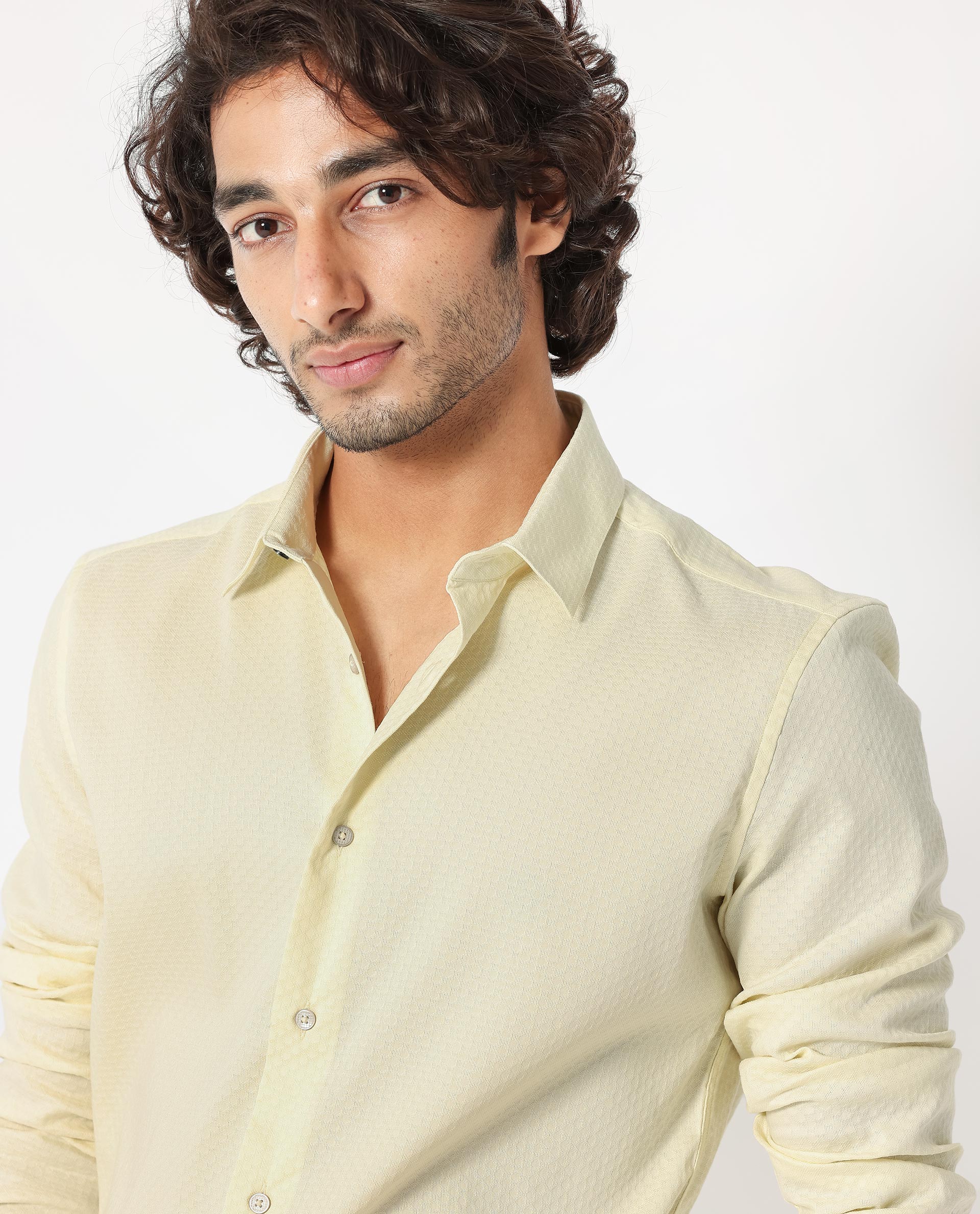 Rare Rabbit Men's Gleny Yellow Cotton Polyester Fabric Full Sleeves Dobby Shirt