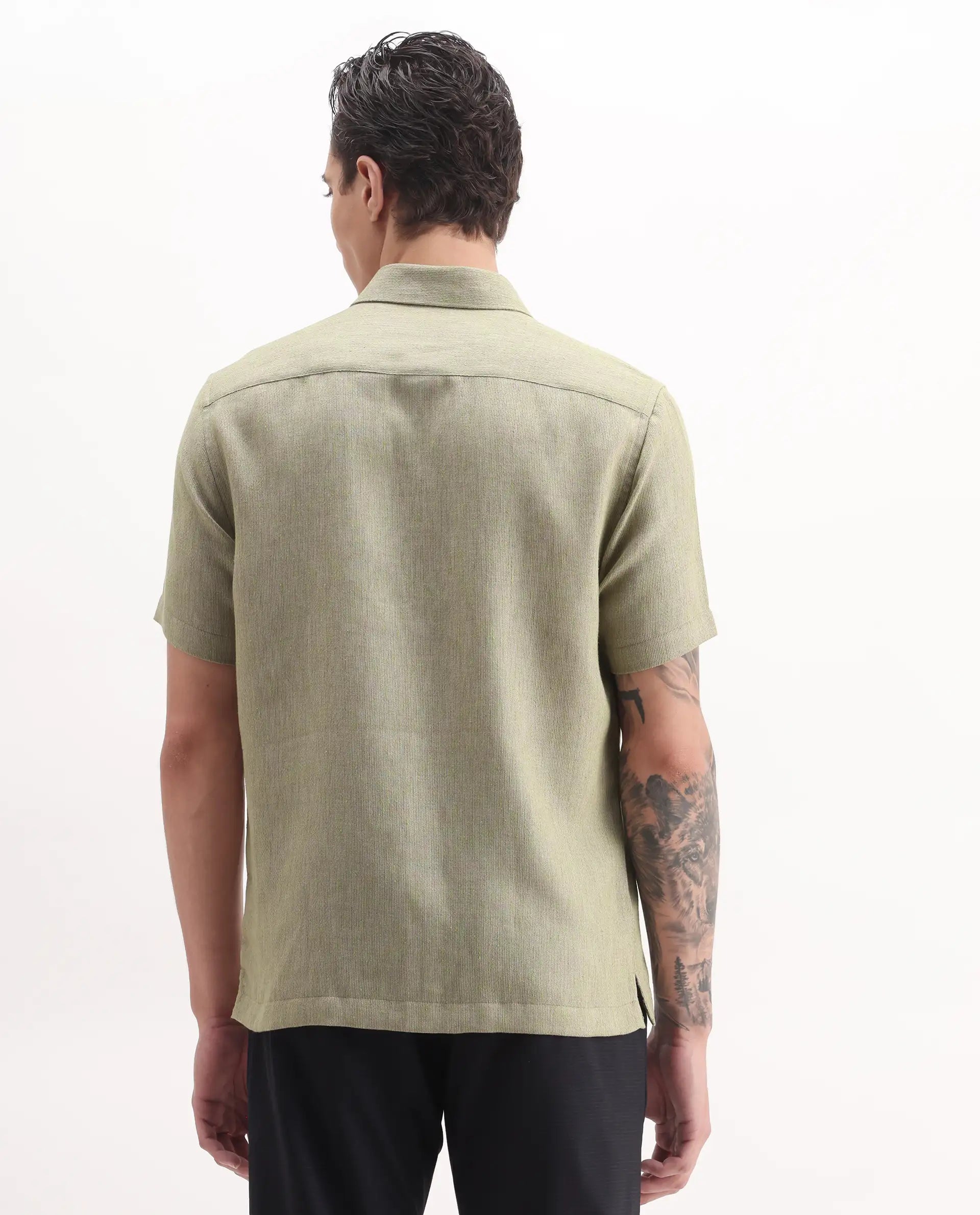 Rare Rabbit Men's Glet Dusky Green Cotton Blend Plain Regular Fit Half Sleeve Collared Shirt
