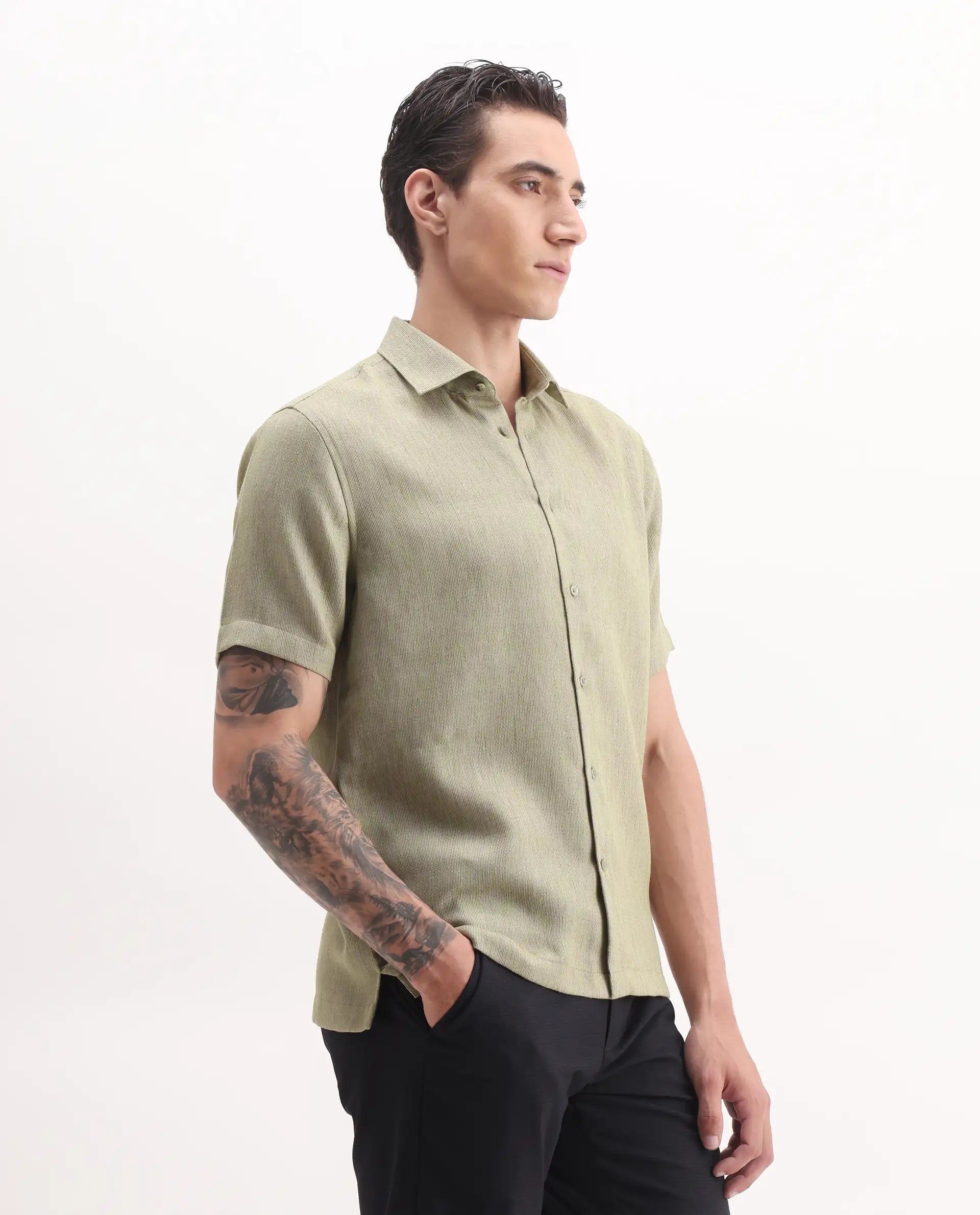 Rare Rabbit Men's Glet Dusky Green Cotton Blend Plain Regular Fit Half Sleeve Collared Shirt