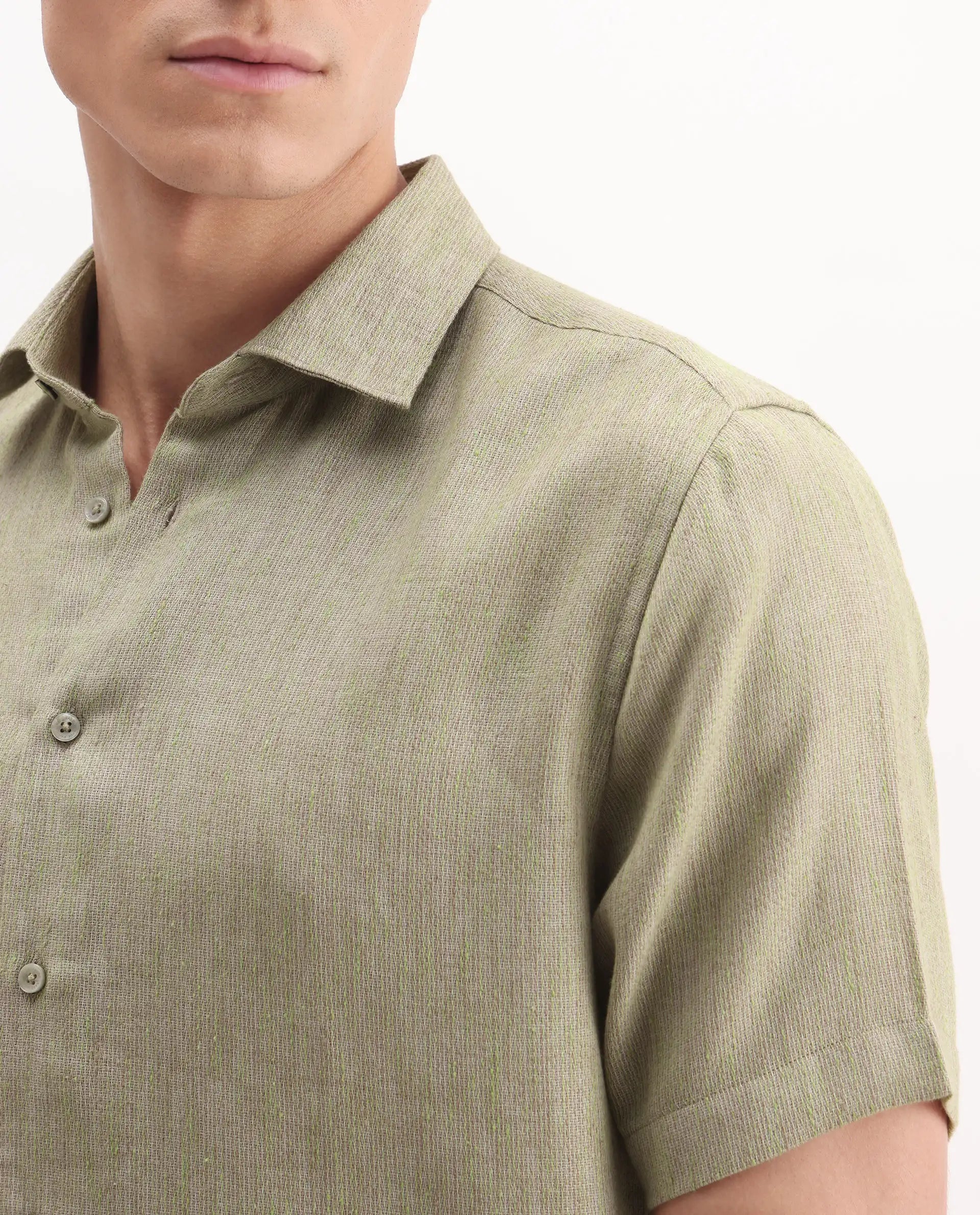 Rare Rabbit Men's Glet Dusky Green Cotton Blend Plain Regular Fit Half Sleeve Collared Shirt