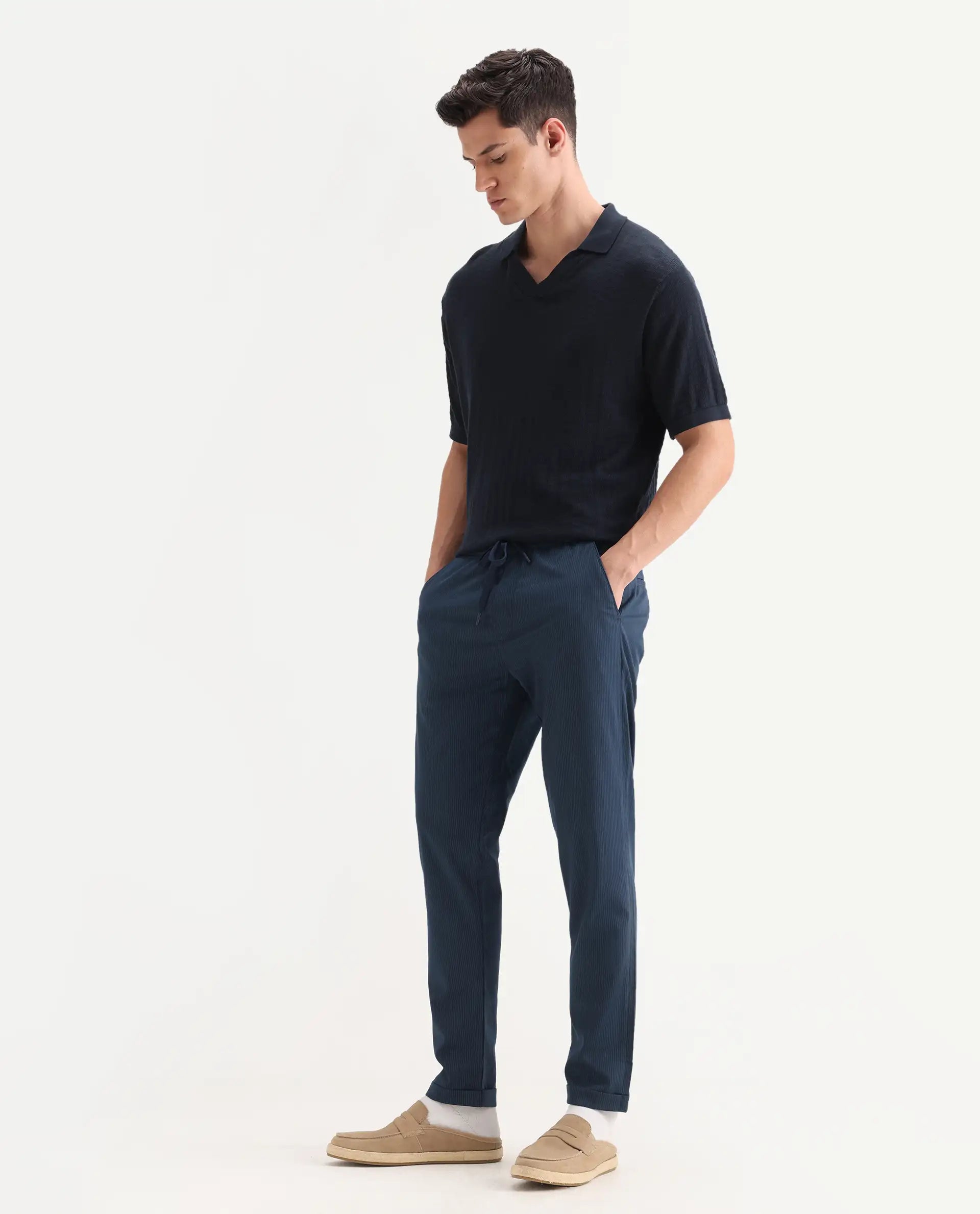 Rare Rabbit Men's Glew Dark Teal Cotton Plain Regular Fit Trouser