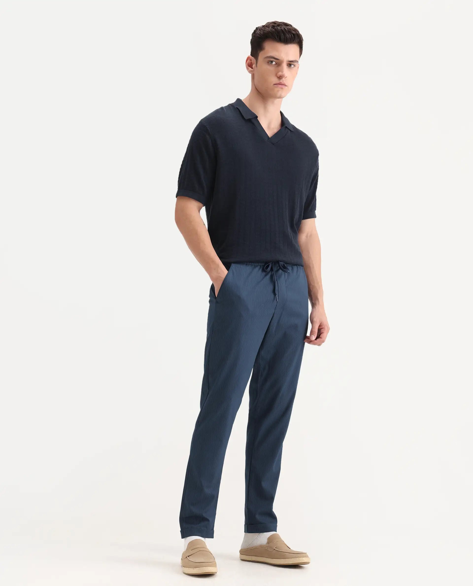 Rare Rabbit Men's Glew Dark Teal Cotton Plain Regular Fit Trouser