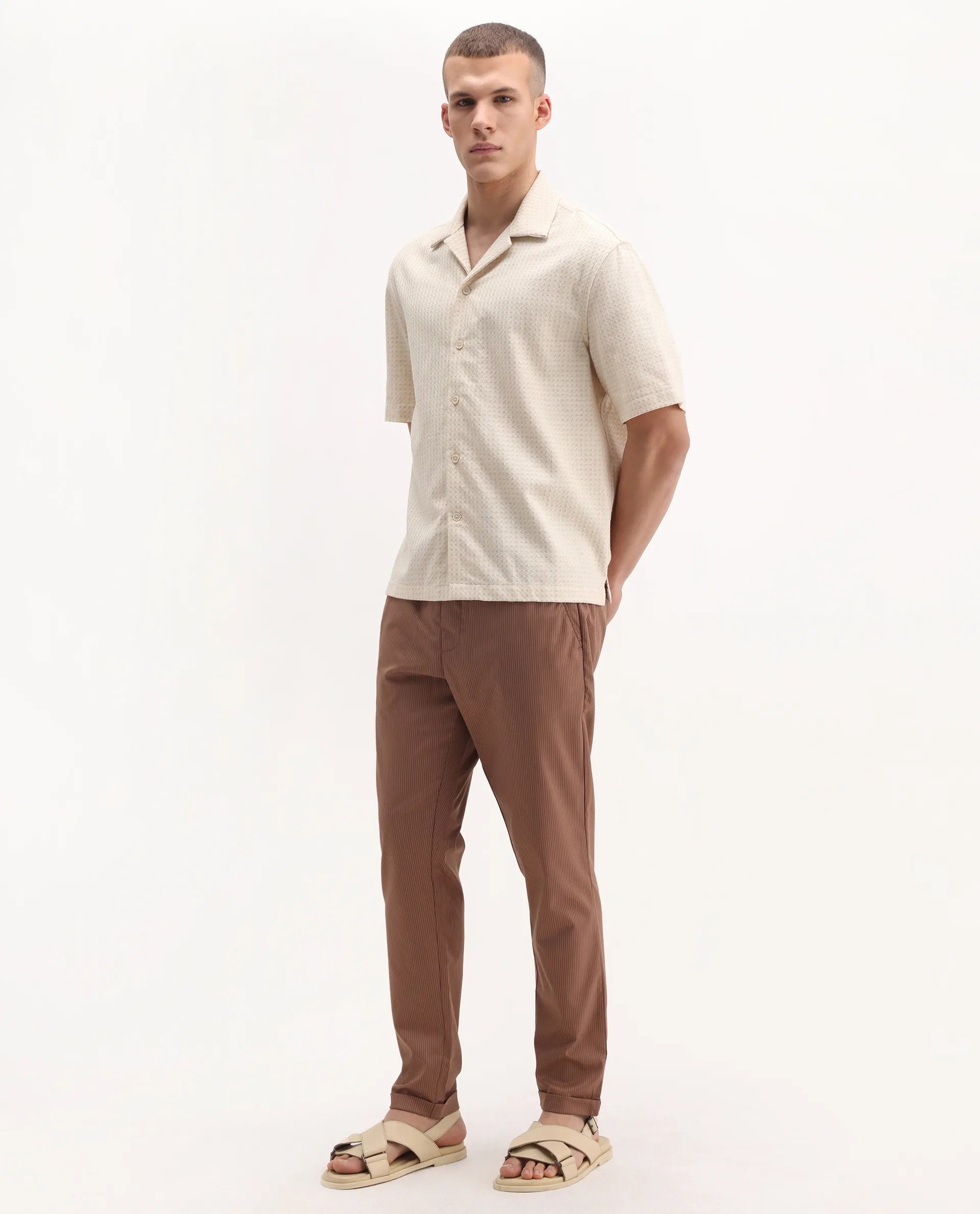 Rare Rabbit Men's Glew Rust Cotton Striped Print Regular Fit Trouser