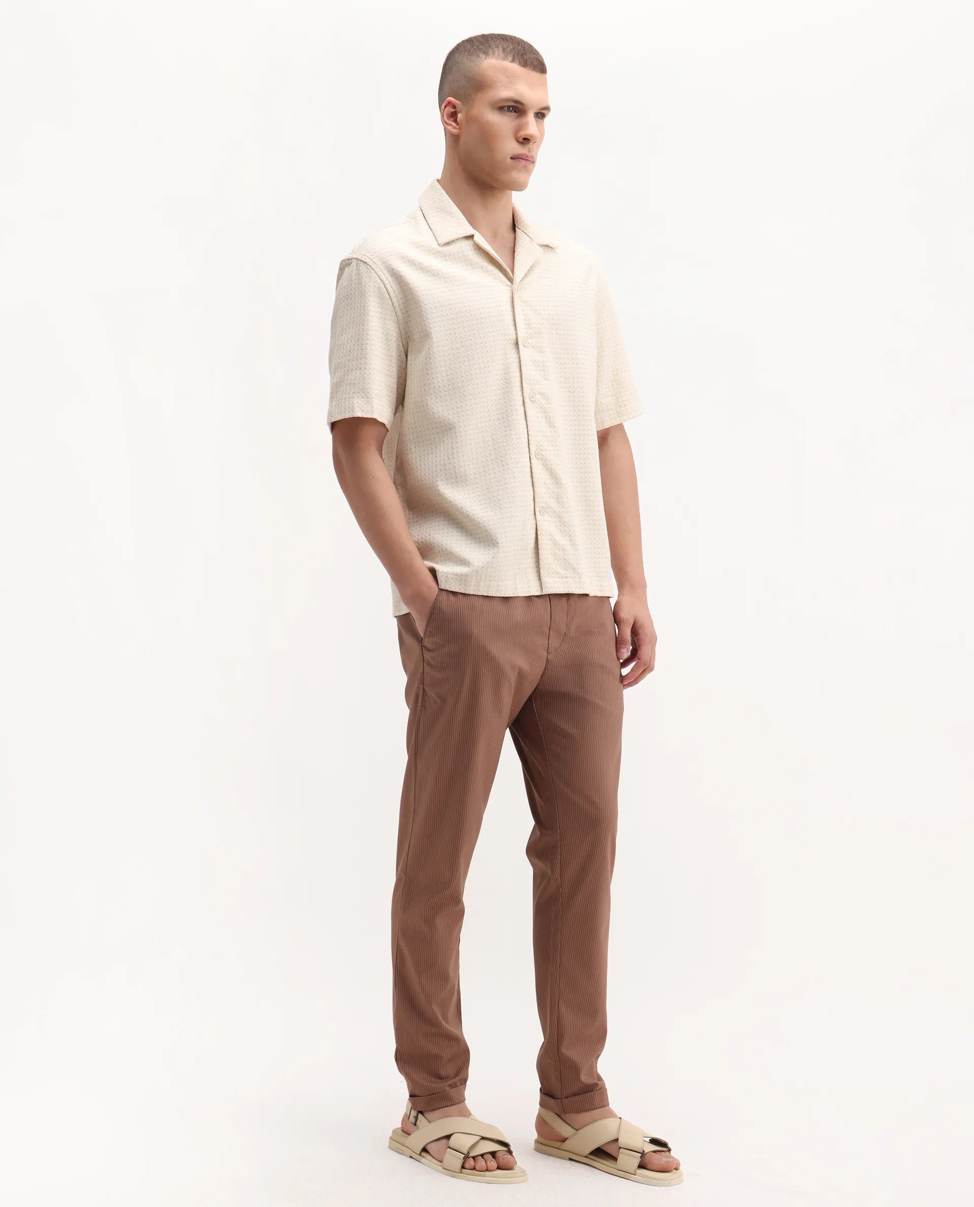 Rare Rabbit Men's Glew Rust Cotton Striped Print Regular Fit Trouser