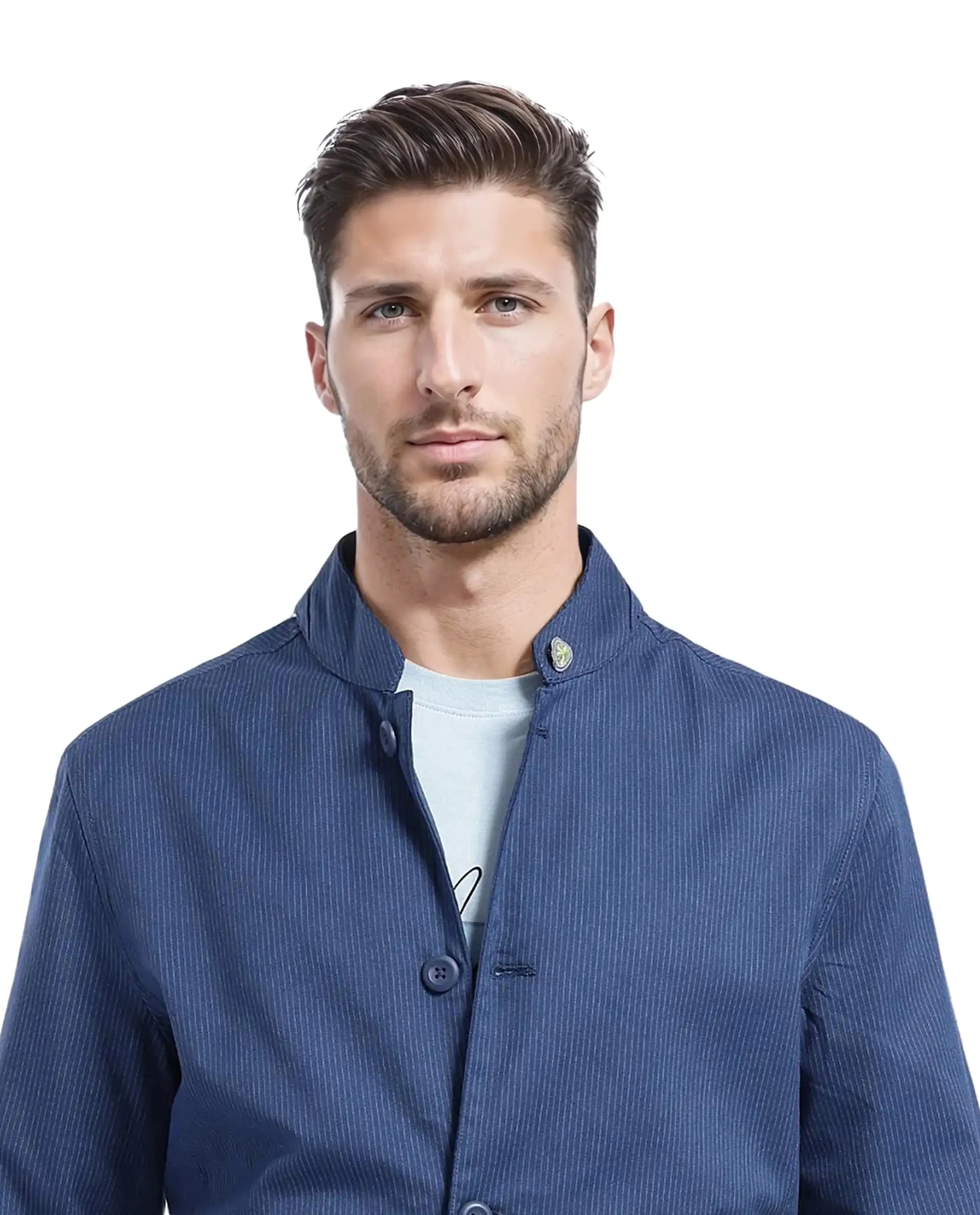 Rare Rabbit Men Glewt Dark Teal Polyester Viscose Fabric Full Sleeve Mandarin Collar Striped Jacket