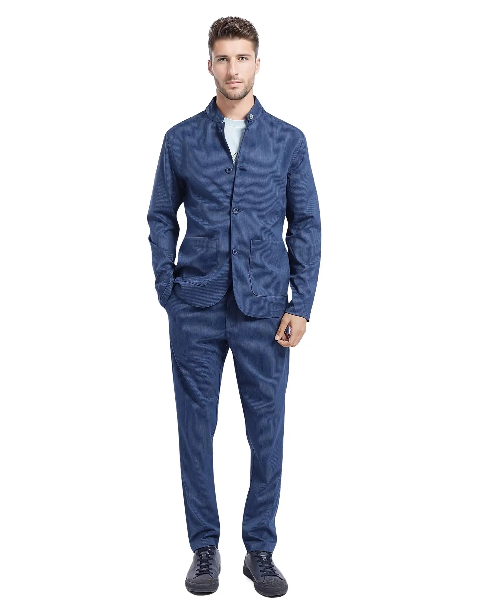 Rare Rabbit Men Glewt Dark Teal Polyester Viscose Fabric Full Sleeve Mandarin Collar Striped Jacket