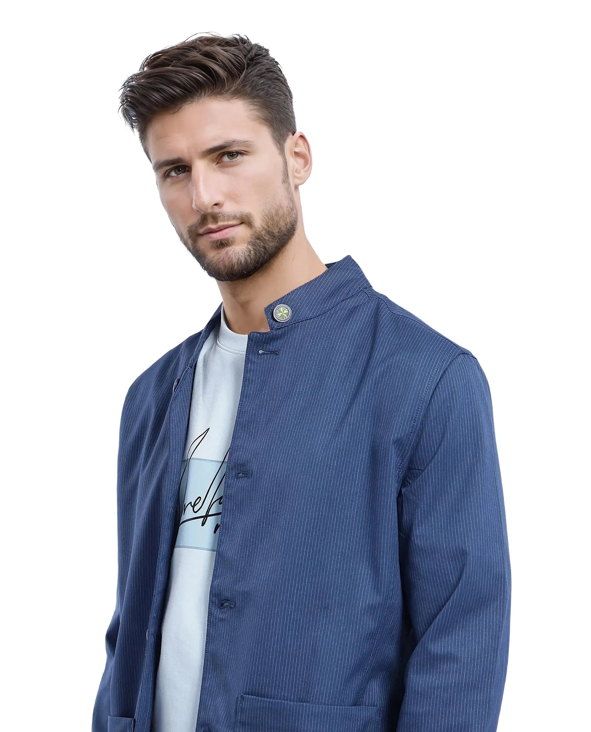 Rare Rabbit Men Glewt Dark Teal Polyester Viscose Fabric Full Sleeve Mandarin Collar Striped Jacket