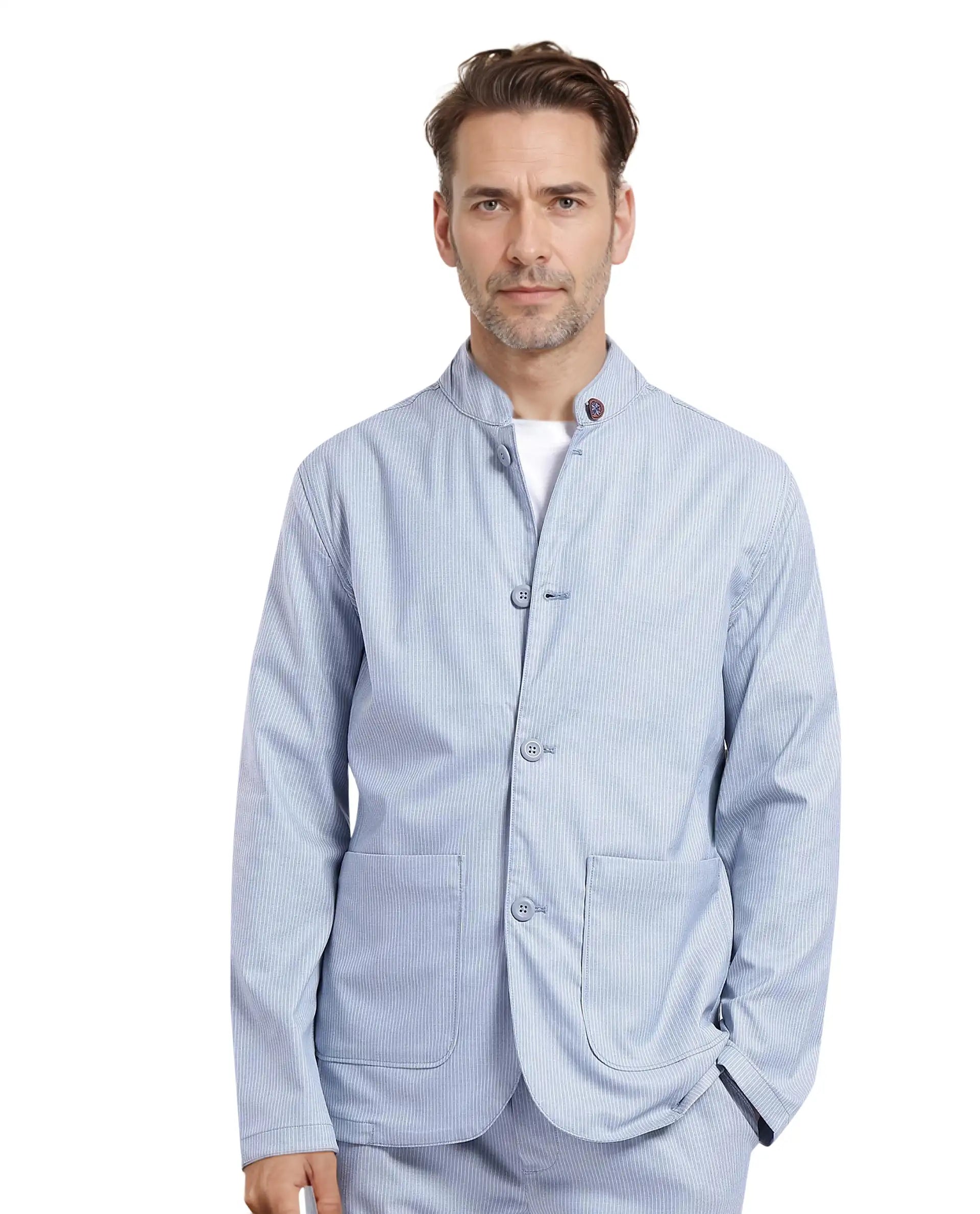 Rare Rabbit Men Glewt Pastel Blue Polyester Viscose Fabric Full Sleeve Mandarin Collar Striped Jacket