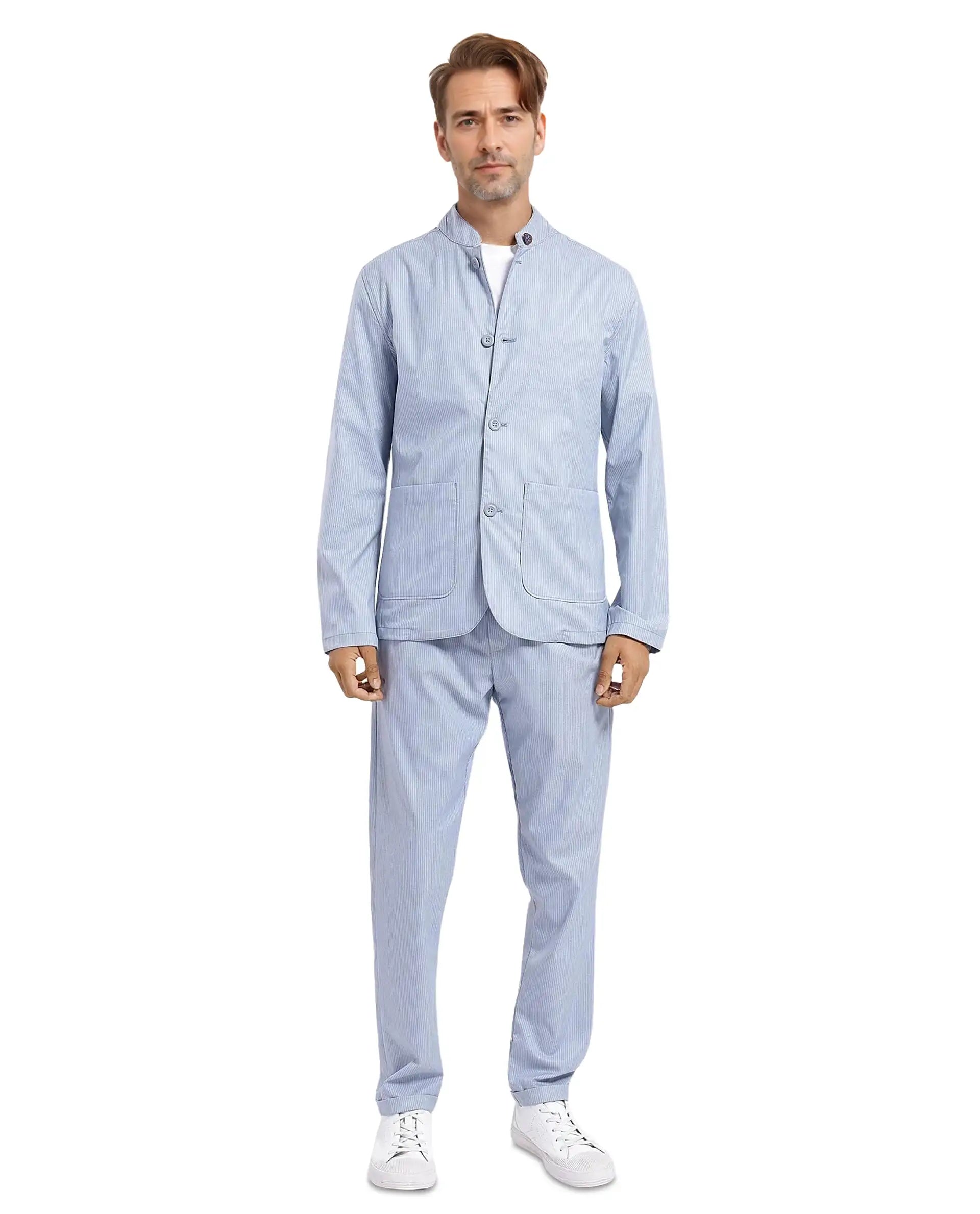 Rare Rabbit Men Glewt Pastel Blue Polyester Viscose Fabric Full Sleeve Mandarin Collar Striped Jacket