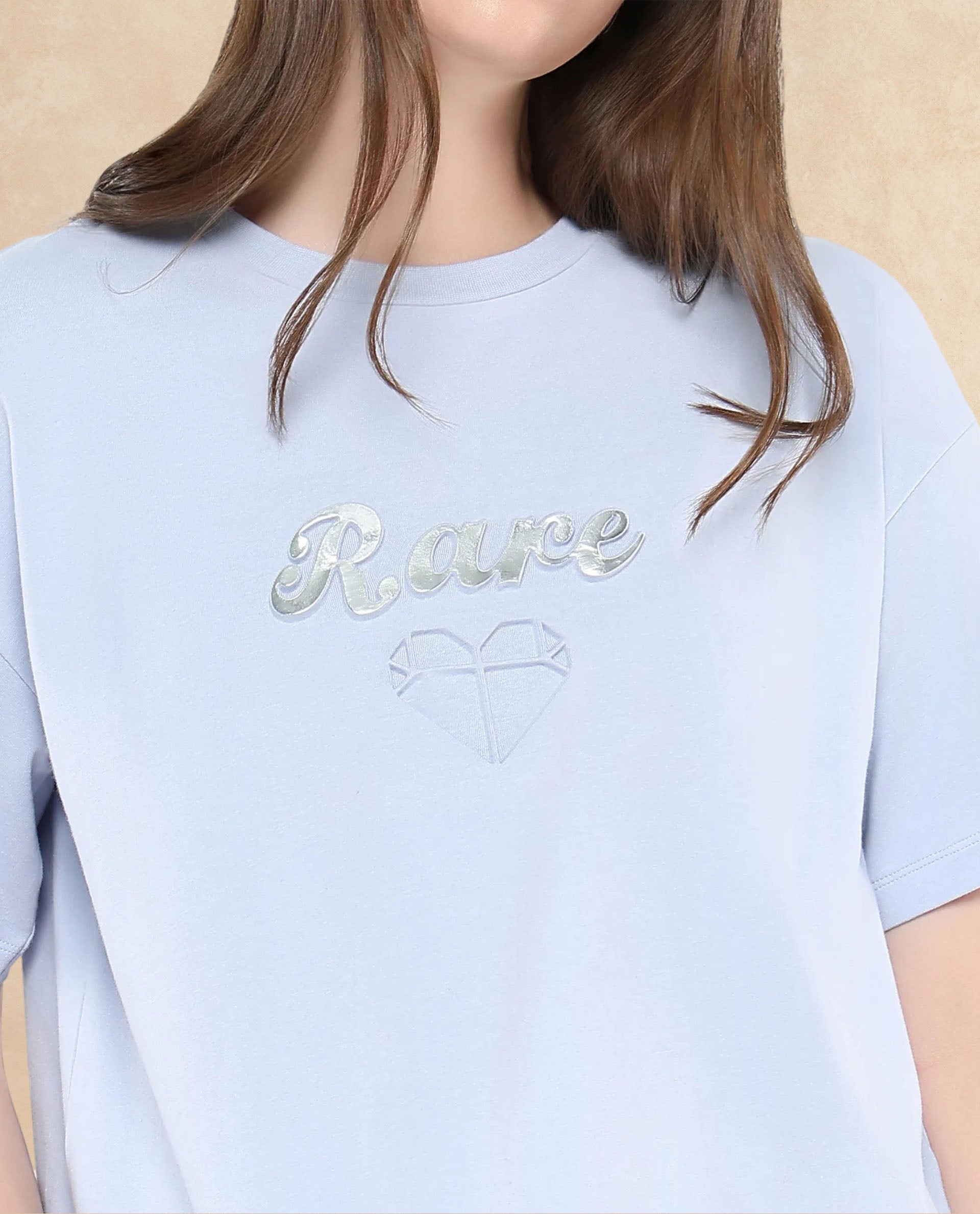 Rareism Women Glimp Light Blue Cotton Blend Fabric Short Sleeve Crew Neck Relaxed Fit Graphic Print T-Shirt