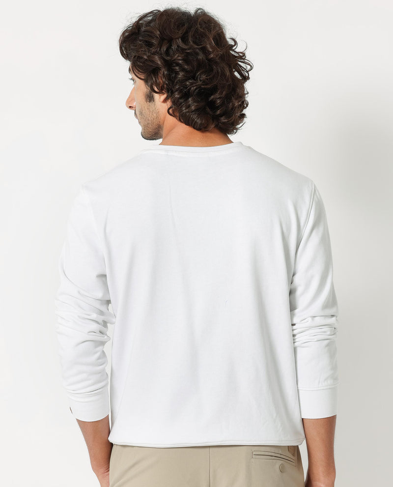 RARE RABBIT MENS GLITCH WHITE SWEATSHIRT COTTON POLYESTER TERRY FABRIC ROUND NECK KNITTED FULL SLEEVES COMFORTABLE FIT