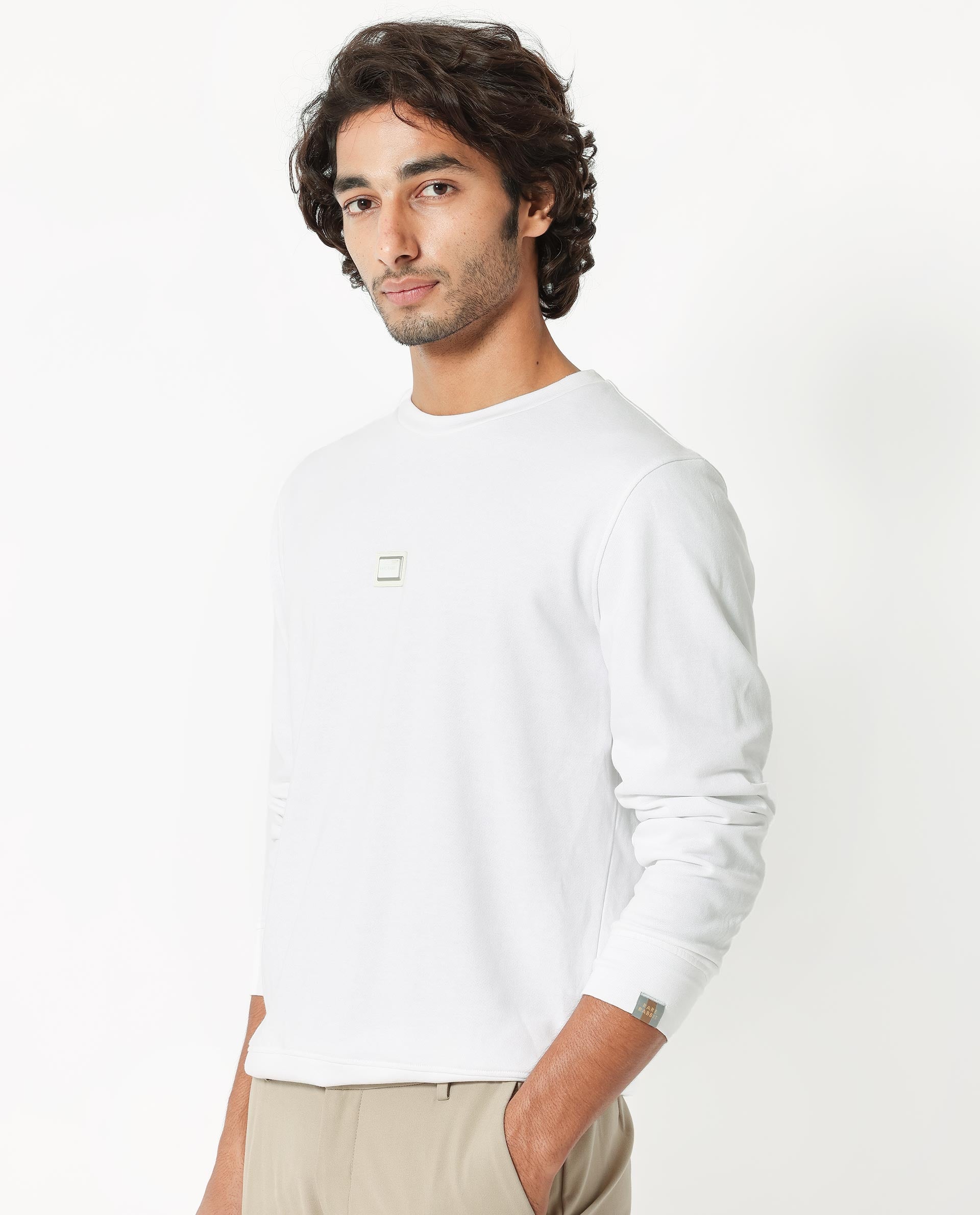 Rare Rabbit Men's Glitch White Cotton Polyester Fabric Full Sleeves Solid Knitted Sweatshirt