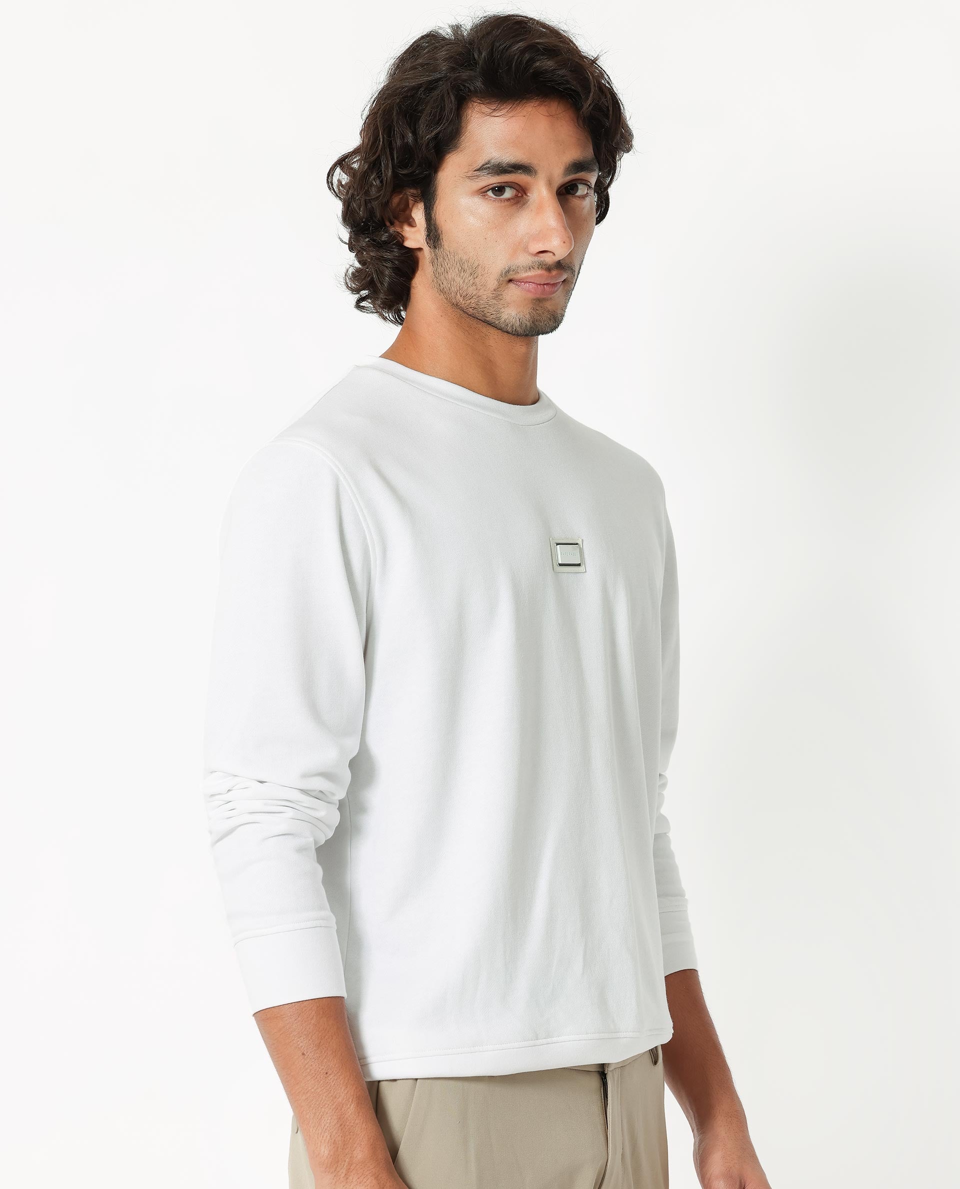 Rare Rabbit Men's Glitch White Cotton Polyester Fabric Full Sleeves Solid Knitted Sweatshirt