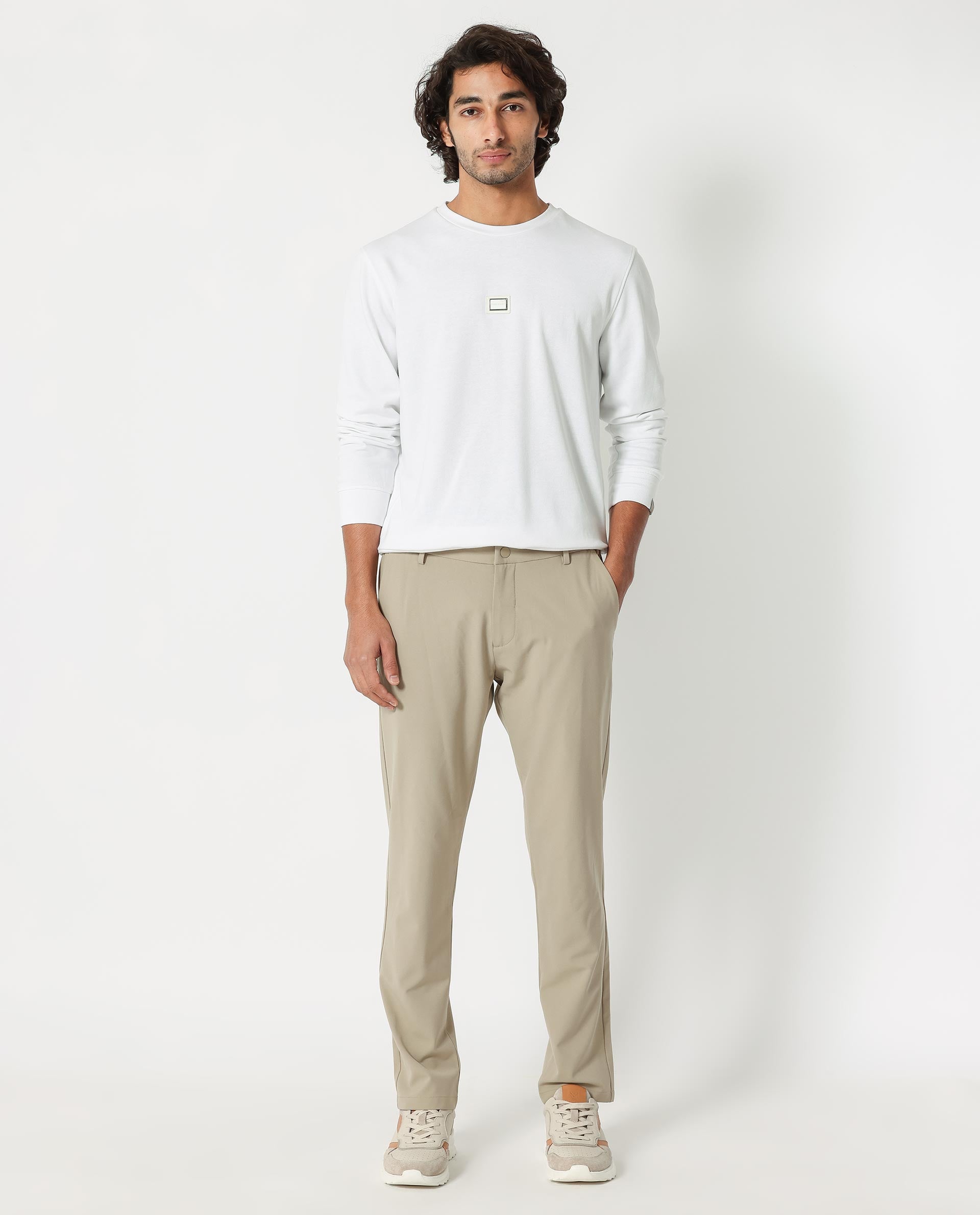 Rare Rabbit Men's Glitch White Cotton Polyester Fabric Full Sleeves Solid Knitted Sweatshirt