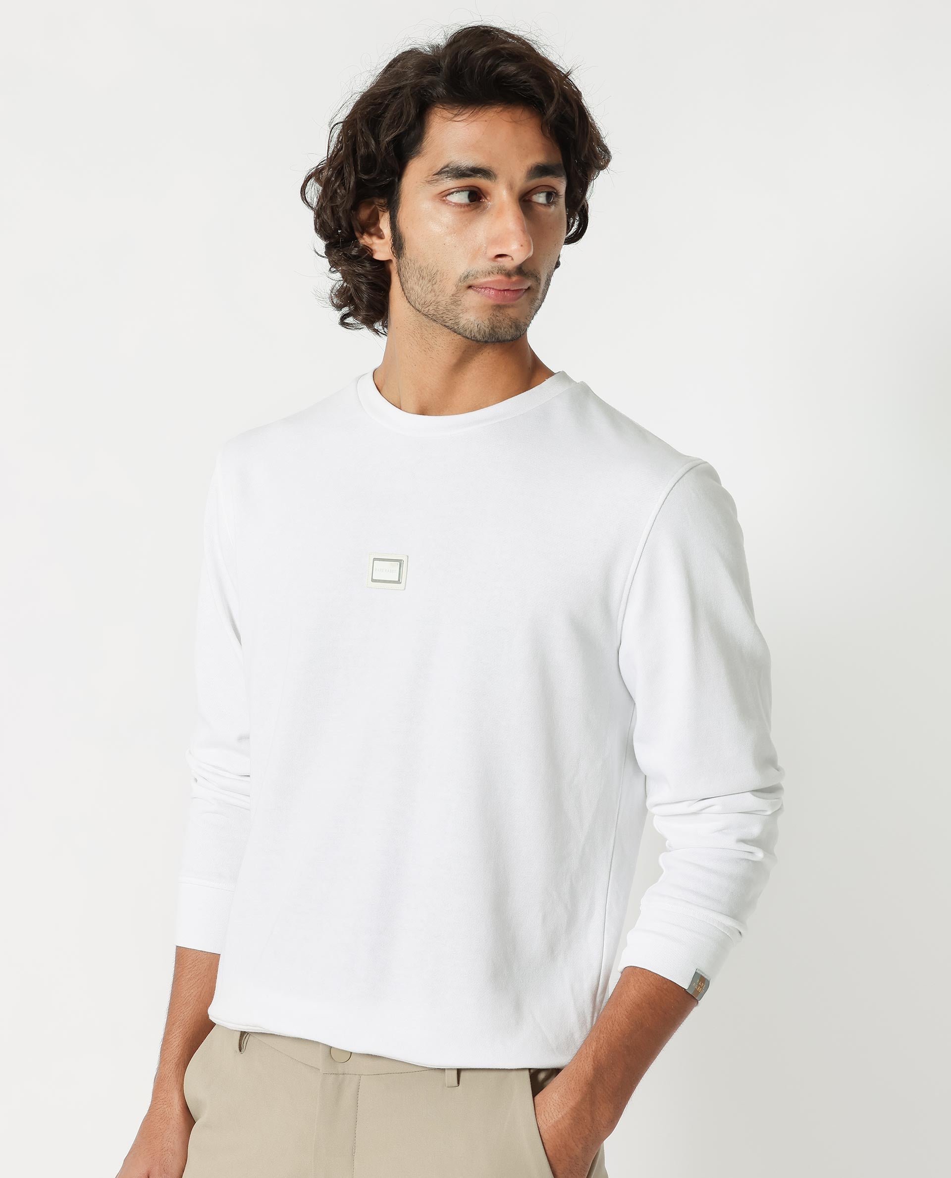 Rare Rabbit Men's Glitch White Cotton Polyester Fabric Full Sleeves Solid Knitted Sweatshirt