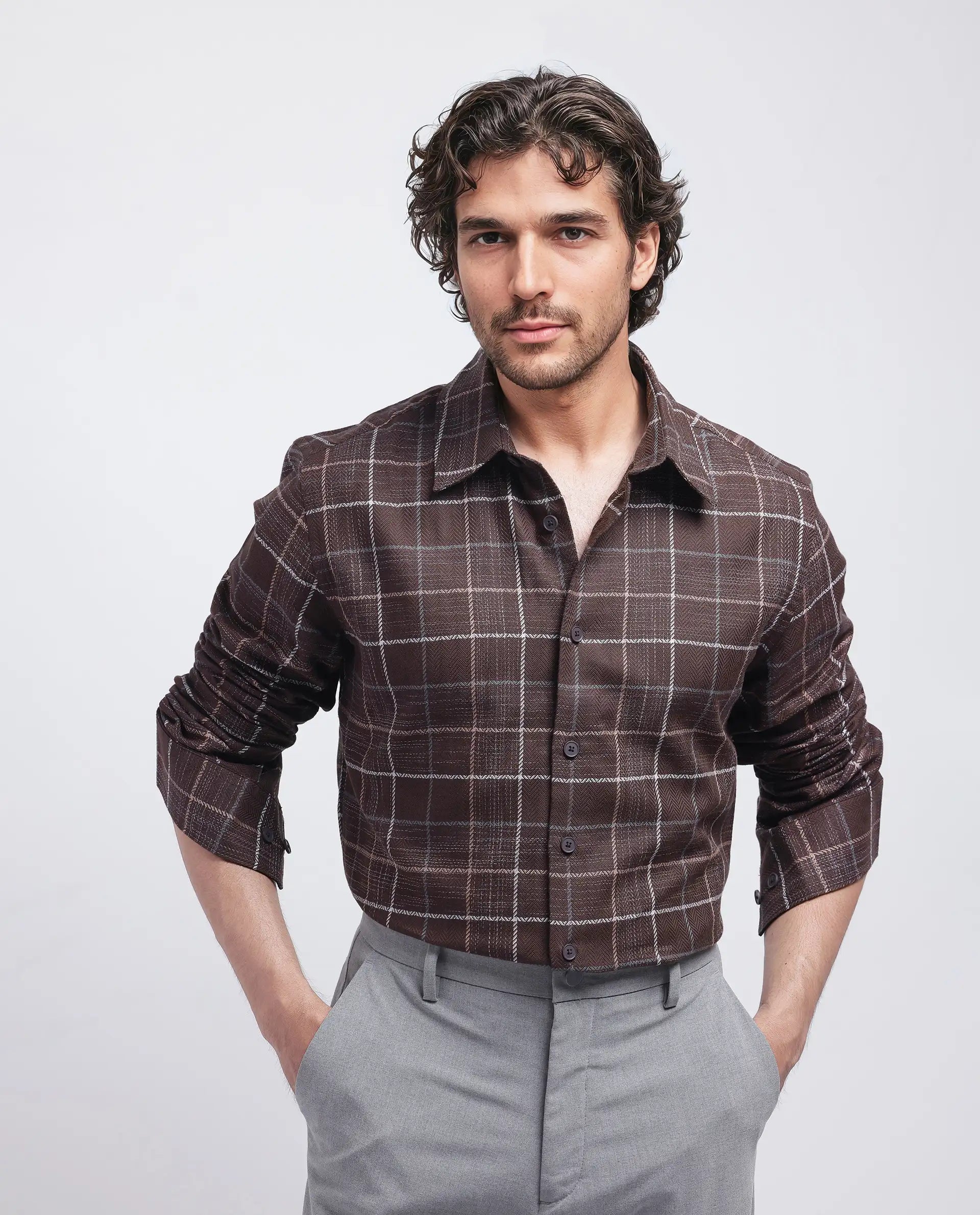Rare Rabbit Men's Glofnik Dark Brown Cotton Checked Print Regular Fit Full Sleeve Collared Shirt