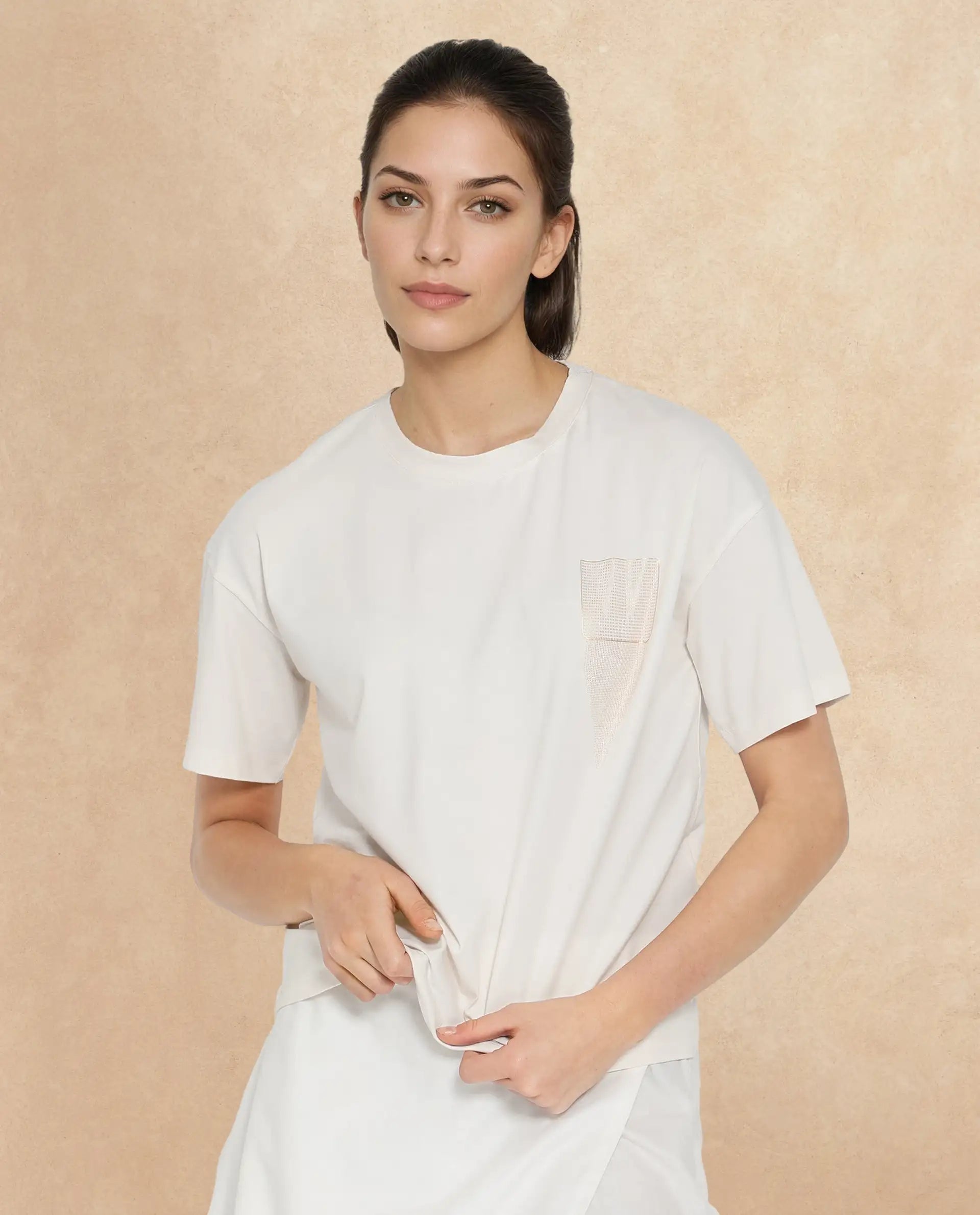 Rareism Women Glondit Off White Cotton Elastane Fabric Crew Neck Knit Solid T-Shirt