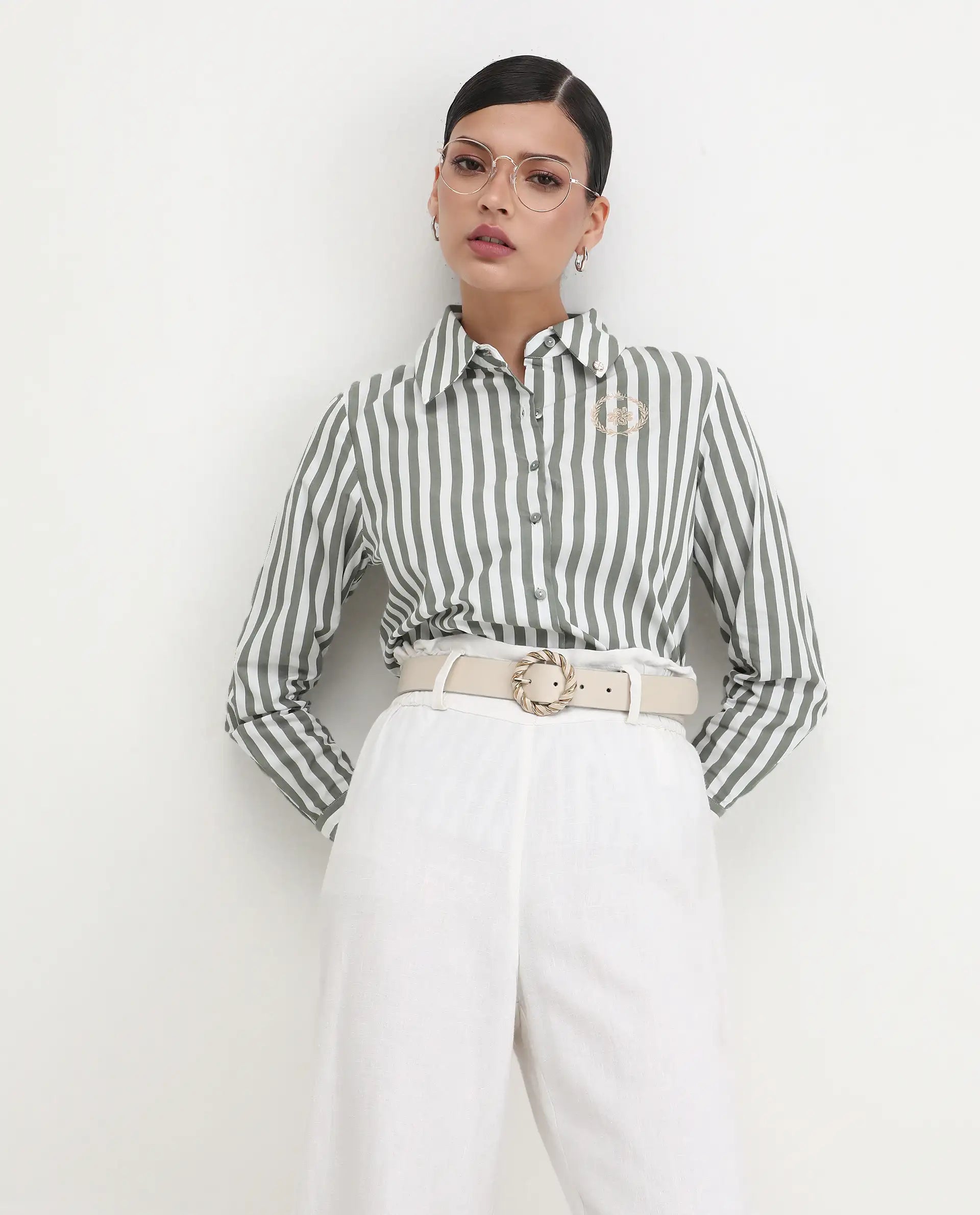 Rareism Women's Gloop Green Cotton Drop Collar Striped Cuffed Sleeve Regular Fit Shirt