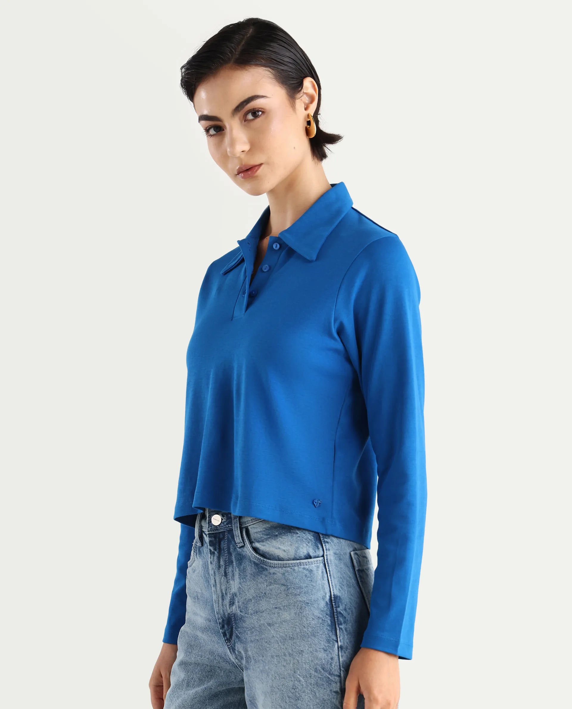 Rareism Women's Cotton Drop Collar Plain Regular Fit Top