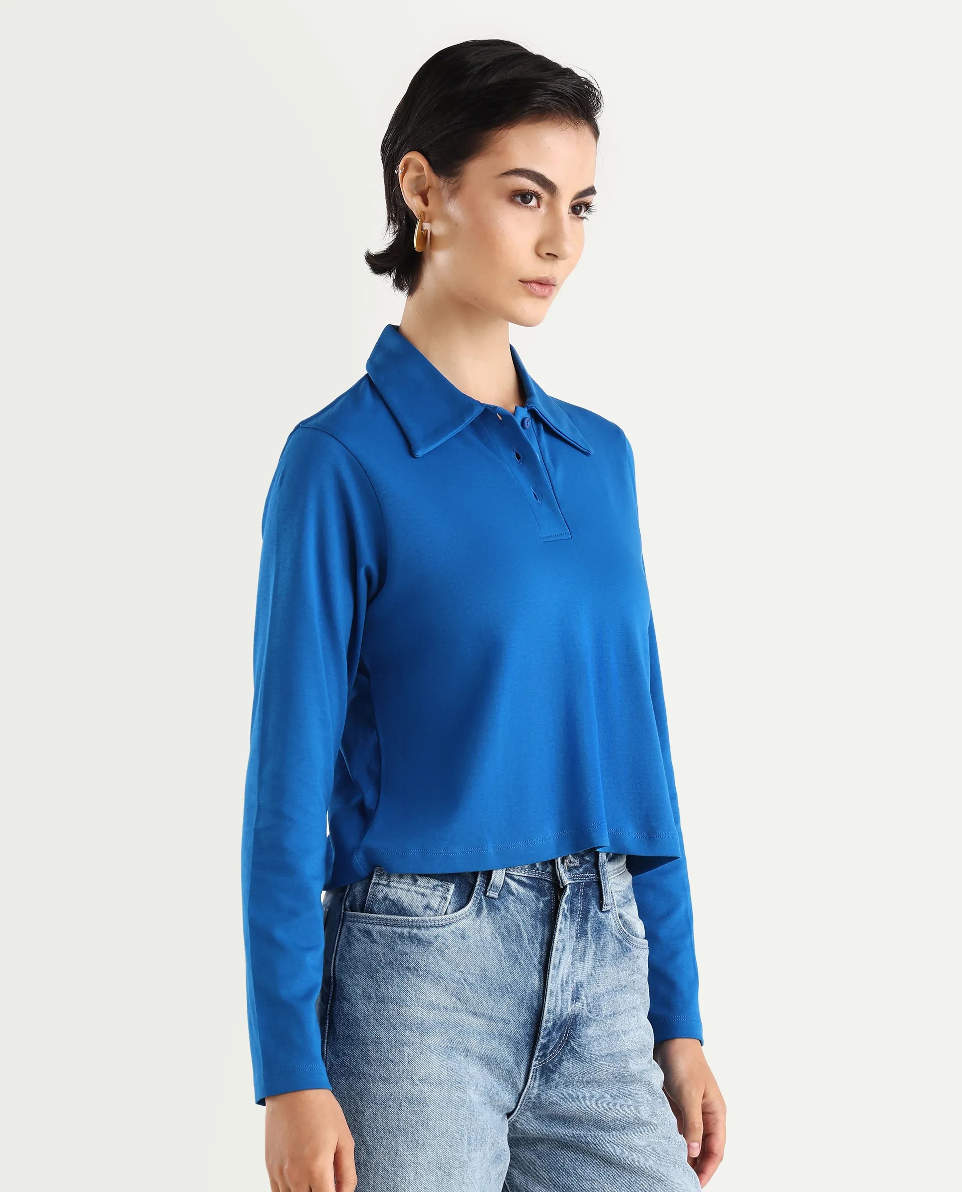 Rareism Women's Cotton Drop Collar Plain Regular Fit Top