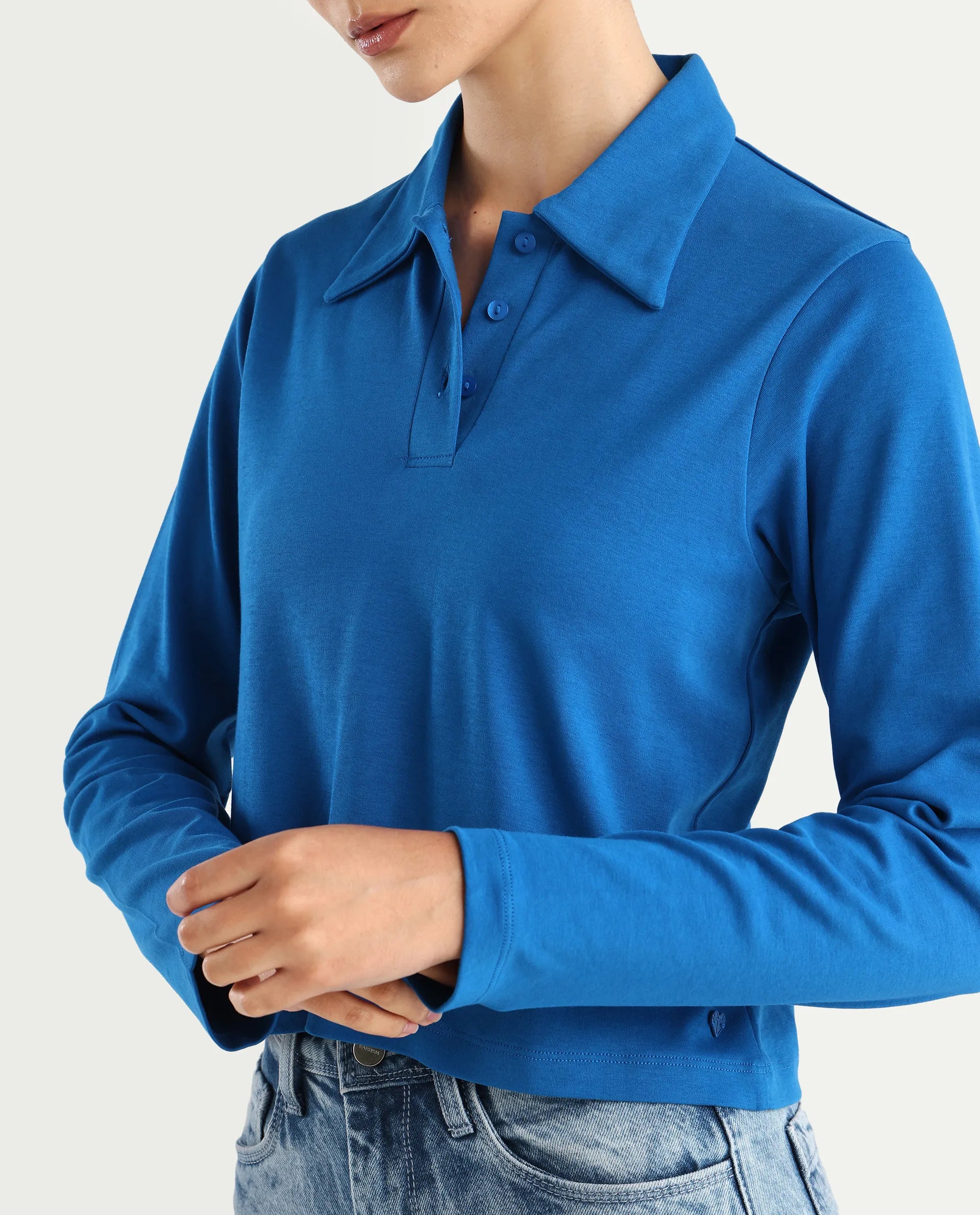 Rareism Women's Cotton Drop Collar Plain Regular Fit Top