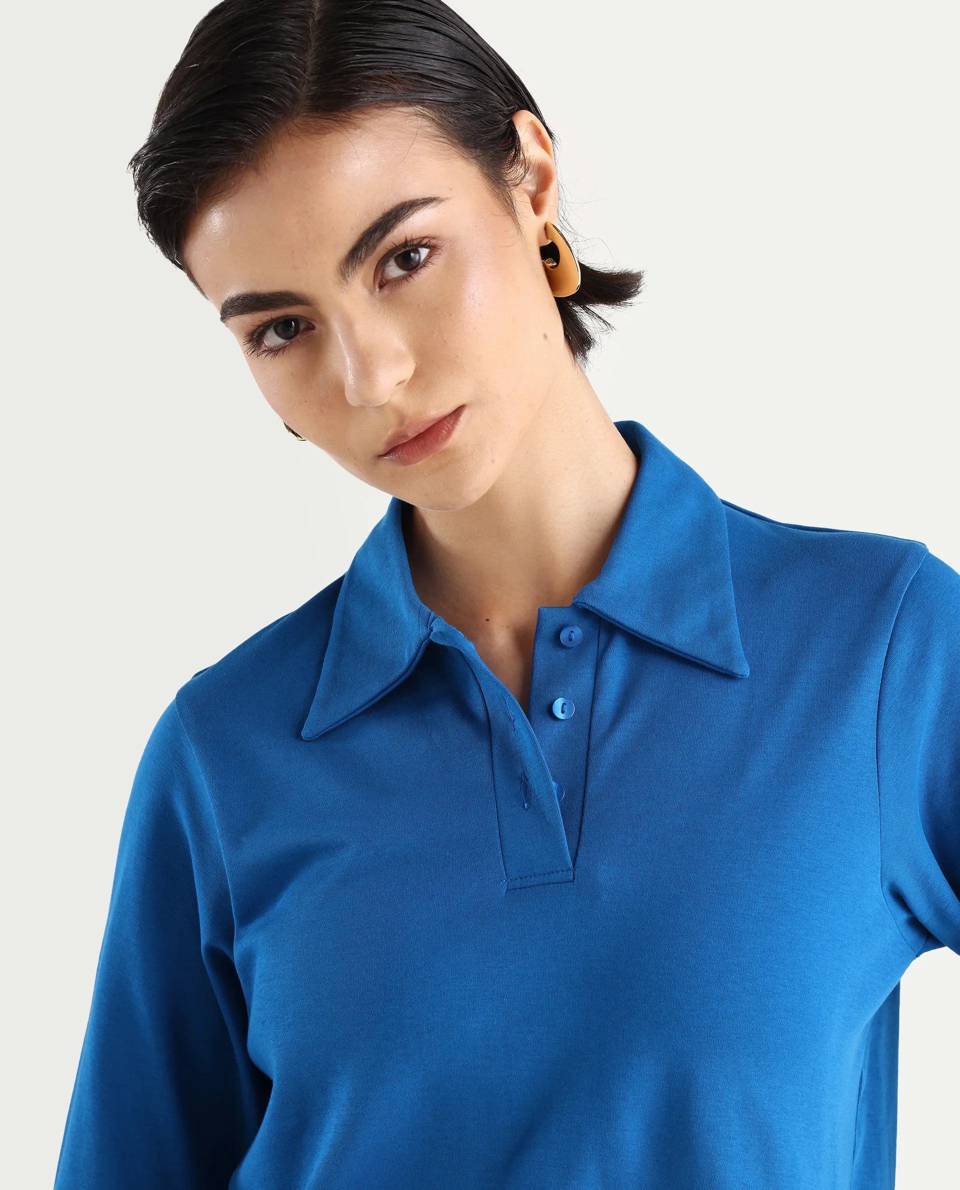 Rareism Women's Cotton Drop Collar Plain Regular Fit Top